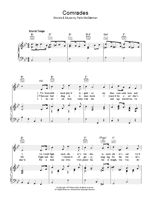 Felix McGlennon Comrades Sheet Music Notes & Chords for Piano, Vocal & Guitar (Right-Hand Melody) - Download or Print PDF