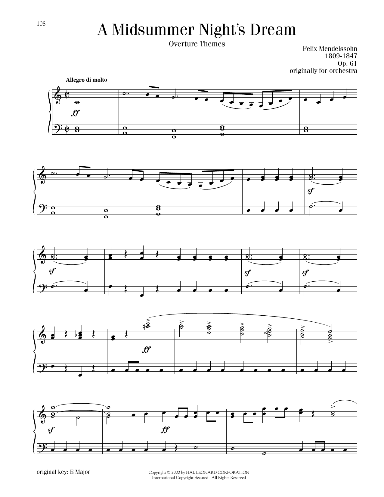 Felix Mendelssohn A Midsummer Night's Dream Overture, Excerpt Sheet Music Notes & Chords for Piano Solo - Download or Print PDF