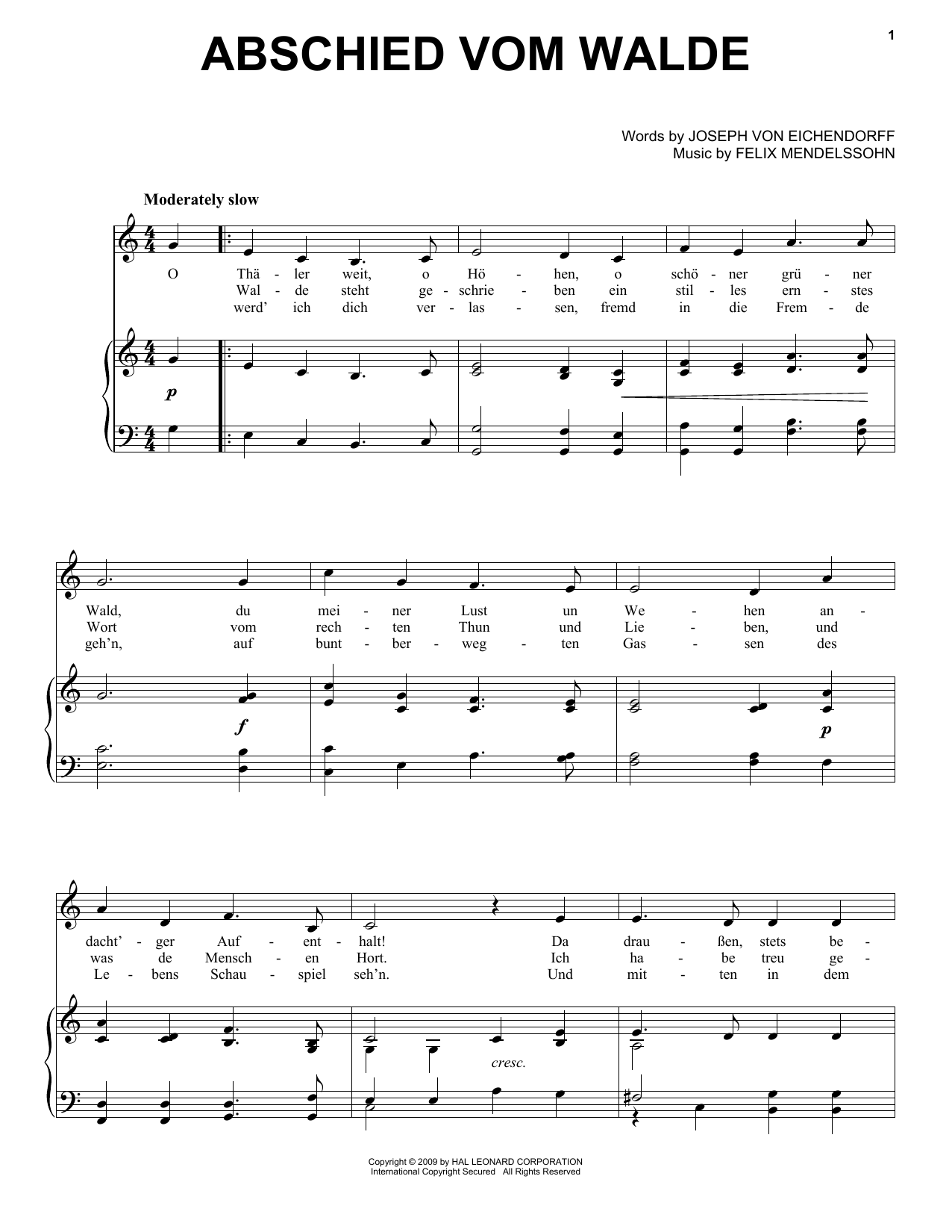 Felix Mendelssohn Abschied Vom Walde Sheet Music Notes & Chords for Piano, Vocal & Guitar (Right-Hand Melody) - Download or Print PDF