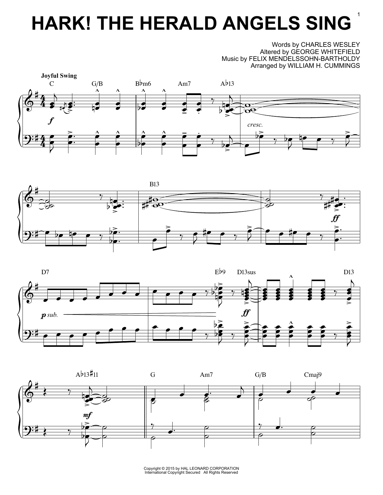 Felix Mendelssohn-Bartholdy Hark! The Herald Angels Sing [Jazz version] (arr. Brent Edstrom) Sheet Music Notes & Chords for Piano - Download or Print PDF