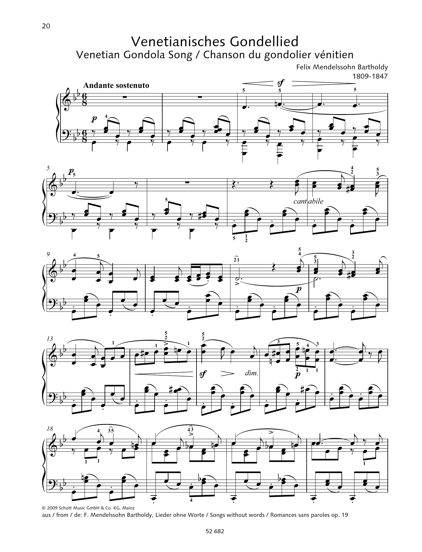 Felix Mendelssohn Bartholdy Venetian Gondola Song in G minor Sheet Music Notes & Chords for Piano Solo - Download or Print PDF