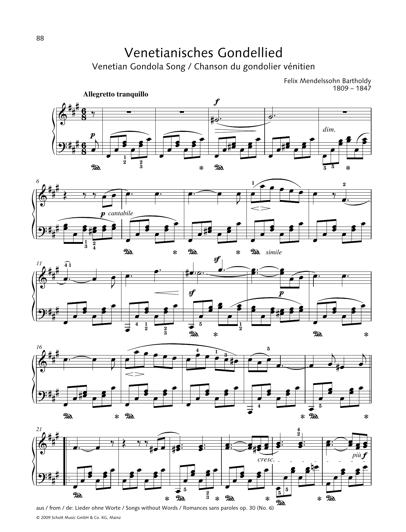 Felix Mendelssohn Bartholdy Venetian Gondola Song Sheet Music Notes & Chords for Piano Solo - Download or Print PDF