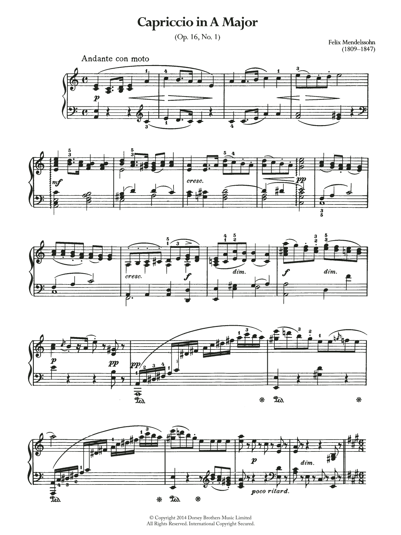 Felix Mendelssohn Capriccio In A Major Sheet Music Notes & Chords for Piano - Download or Print PDF