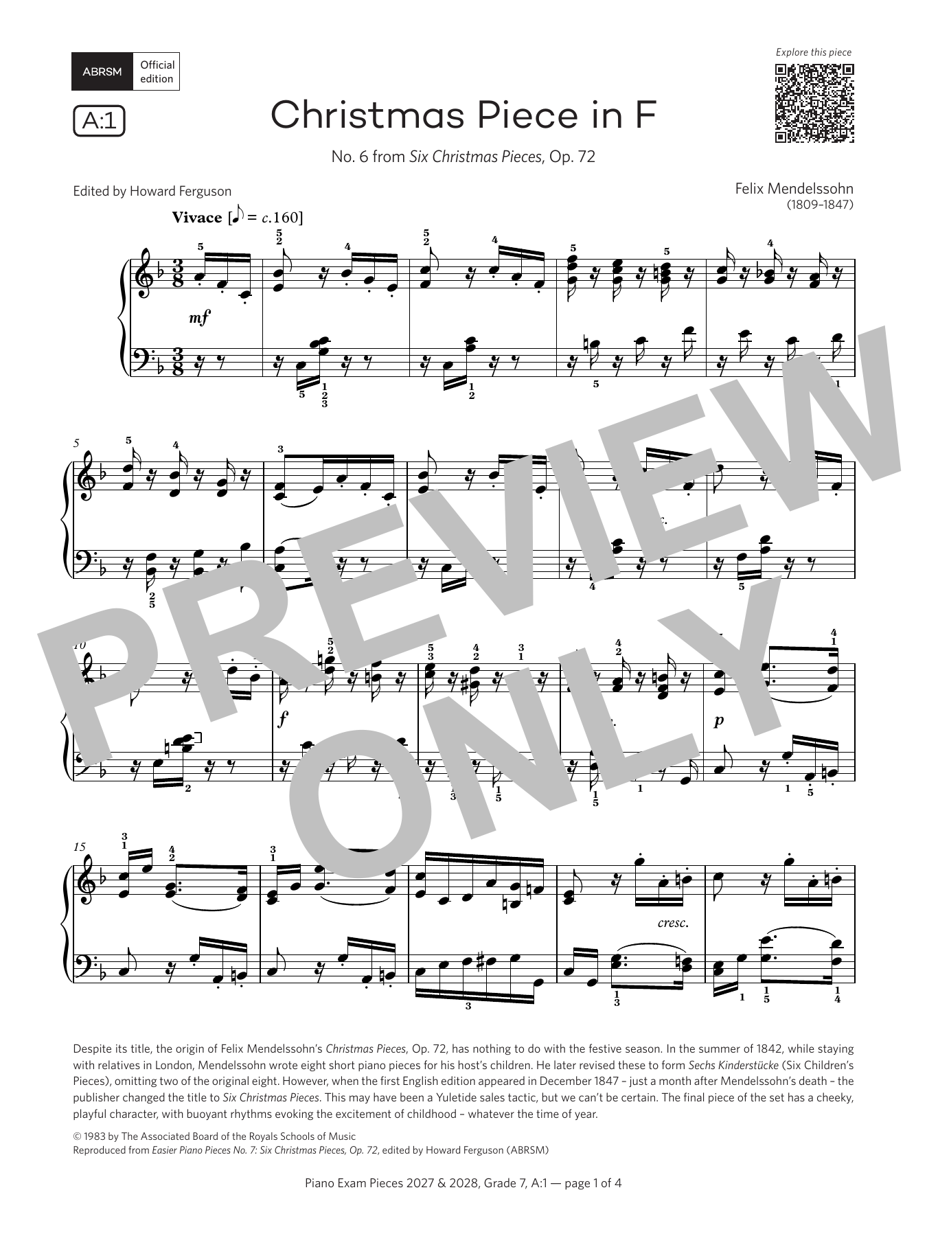Felix Mendelssohn Christmas Piece in F major (Grade 7, list A1, from the ABRSM Piano Syllabus 2027 & 2028) Sheet Music Notes & Chords for Piano Solo - Download or Print PDF