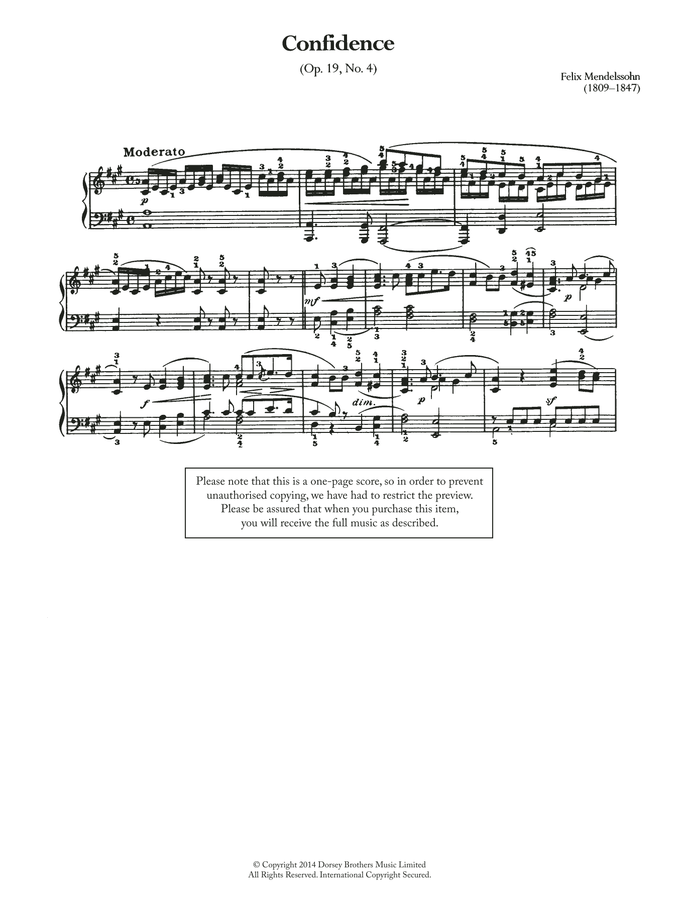 Felix Mendelssohn Confidence Op.19, No.4 Sheet Music Notes & Chords for Piano - Download or Print PDF