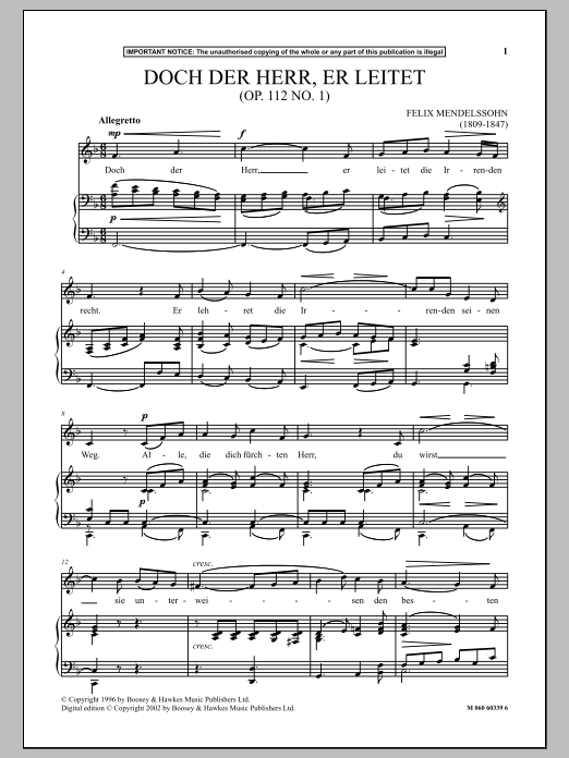 Felix Mendelssohn Doch Der Herr, Er Leitet, Op. 112, No. 1 Sheet Music Notes & Chords for Piano & Vocal - Download or Print PDF