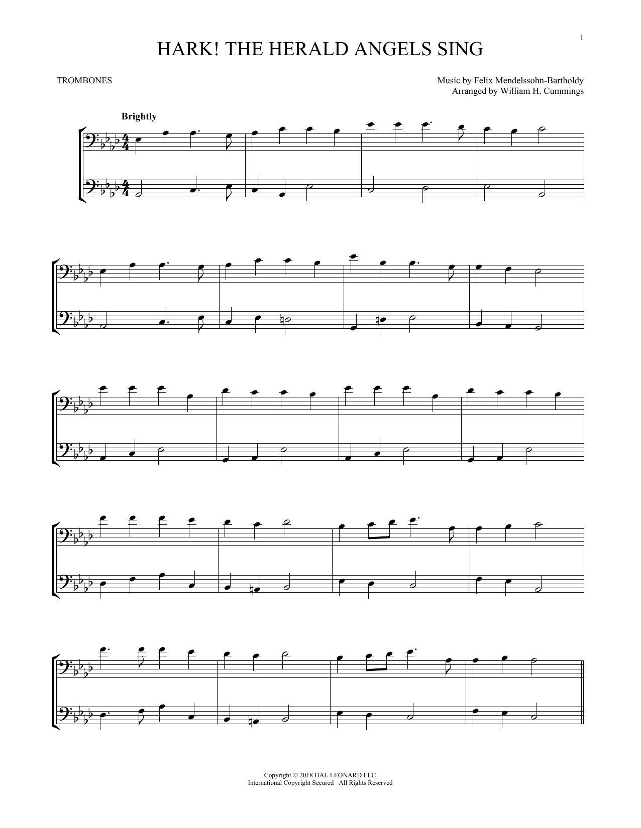 Felix Mendelssohn Hark! The Herald Angels Sing Sheet Music Notes & Chords for Trombone Transcription - Download or Print PDF