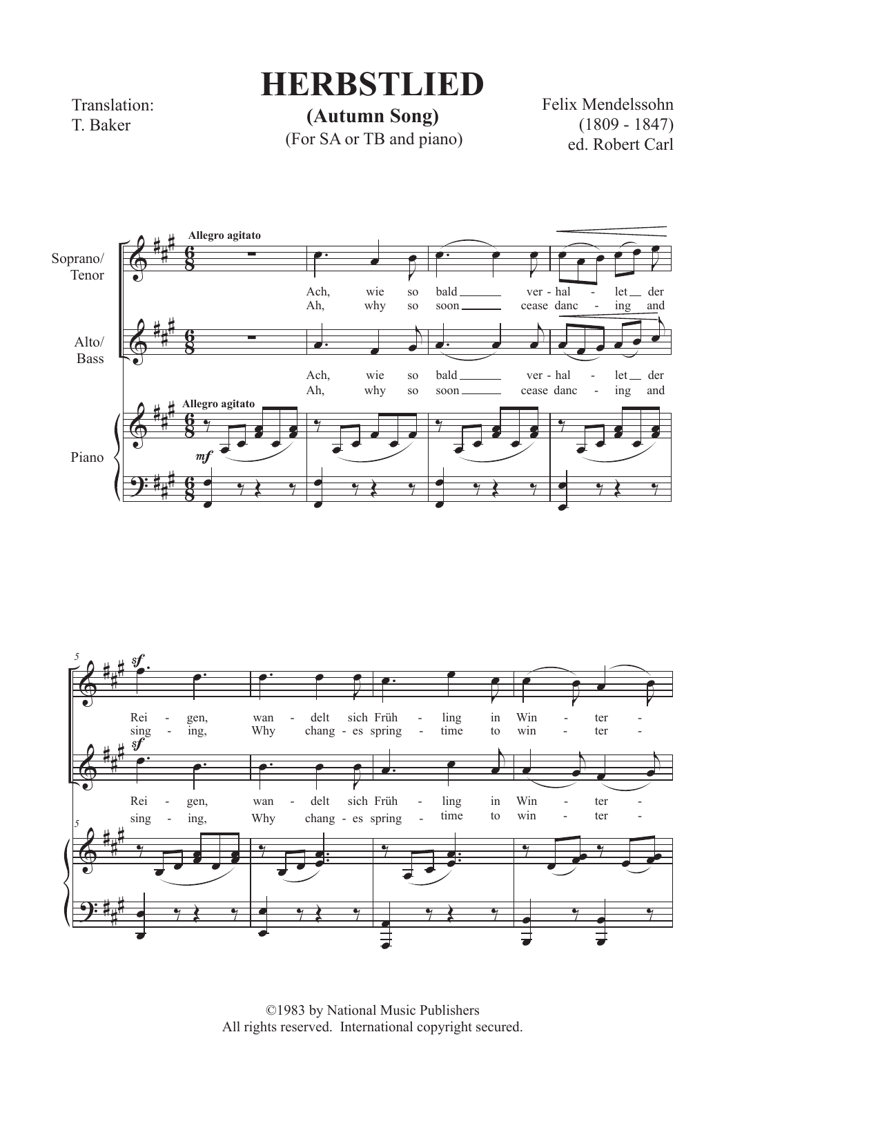 Felix Mendelssohn Herbstlied (Autumn Song) (SA or TB Choir) Sheet Music Notes & Chords for 2-Part Choir - Download or Print PDF
