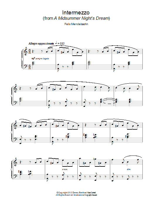 Felix Mendelssohn Intermezzo (from a Midsummer Night's Dream) Sheet Music Notes & Chords for Piano - Download or Print PDF