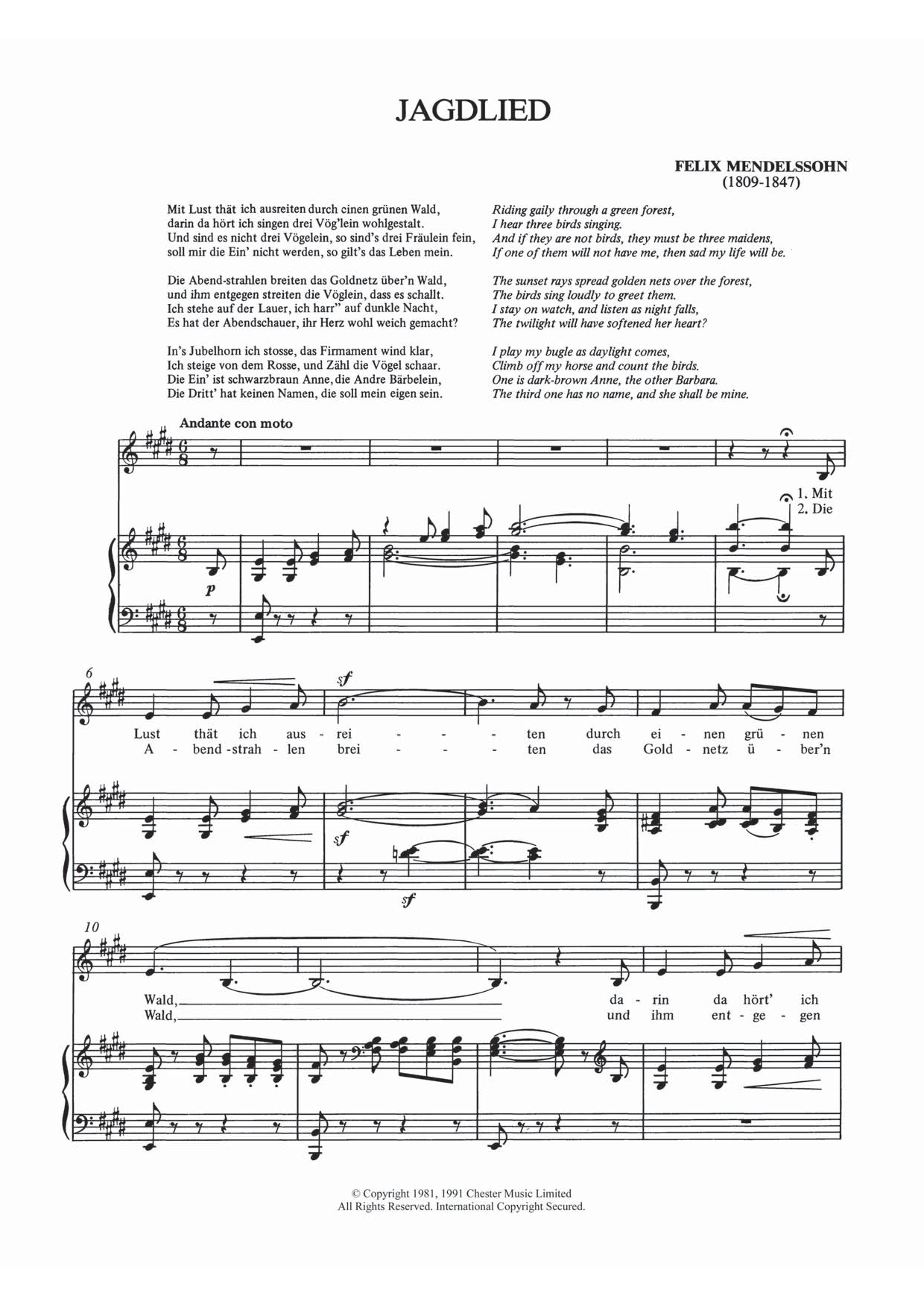 Felix Mendelssohn Jagdlied Sheet Music Notes & Chords for Piano & Vocal - Download or Print PDF