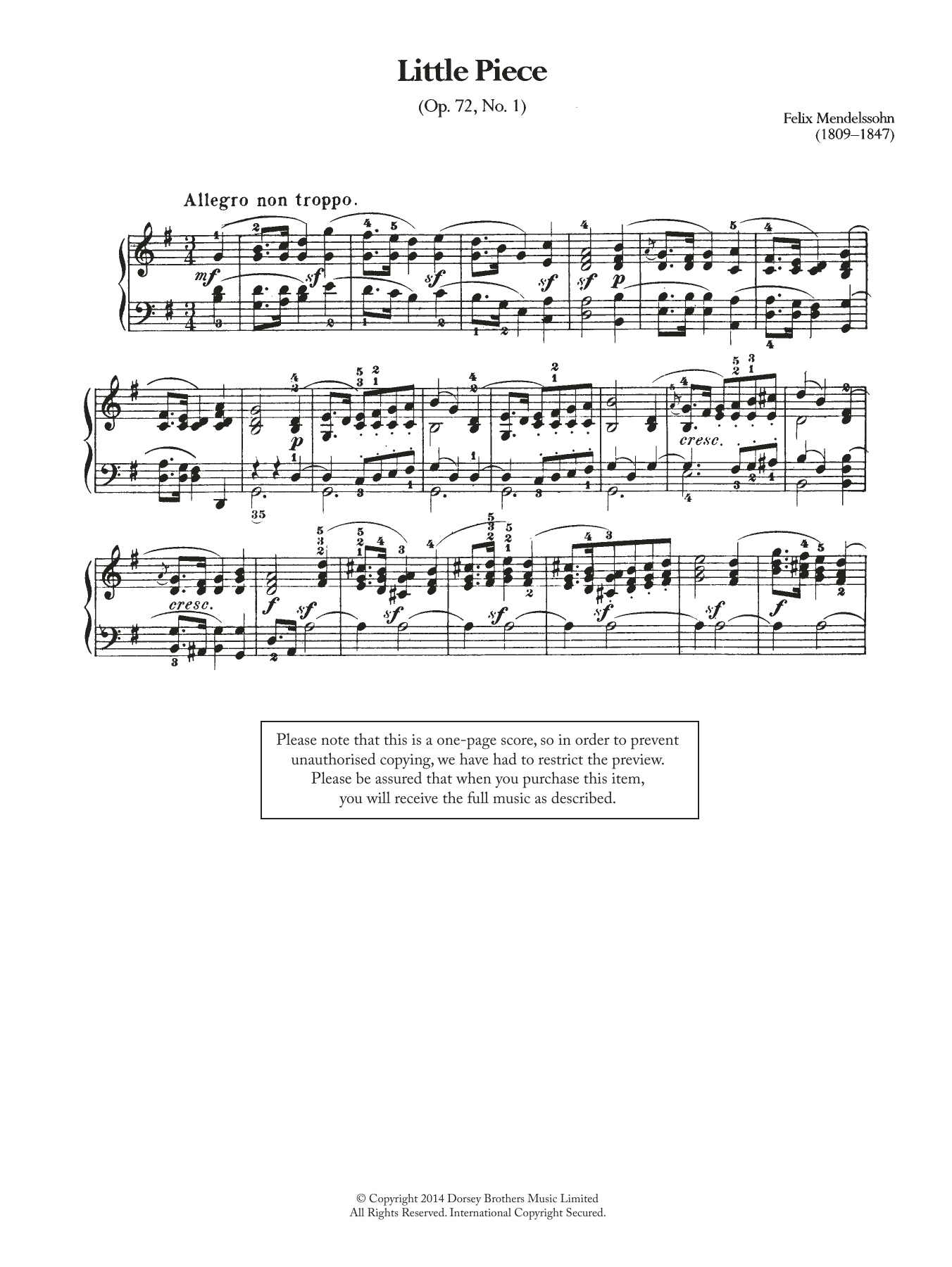 Felix Mendelssohn Little Piece, Op.72 No.1 Sheet Music Notes & Chords for Piano - Download or Print PDF