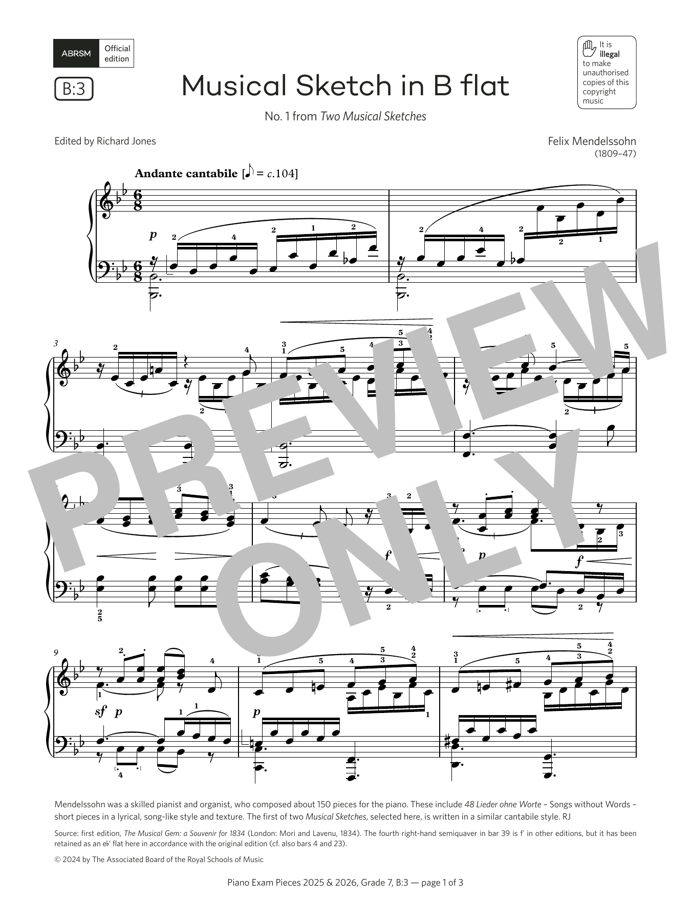 Felix Mendelssohn Musical Sketch in B flat (Grade 7, list B3, from the ABRSM Piano Syllabus 2025 & 2026) Sheet Music Notes & Chords for Piano Solo - Download or Print PDF