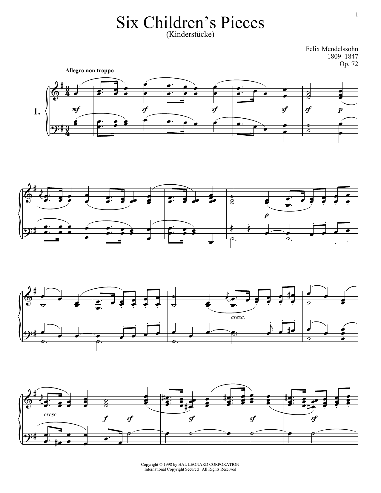Felix Mendelssohn Six Children's Pieces (Kinderstucke), Op. 72 Sheet Music Notes & Chords for Piano - Download or Print PDF