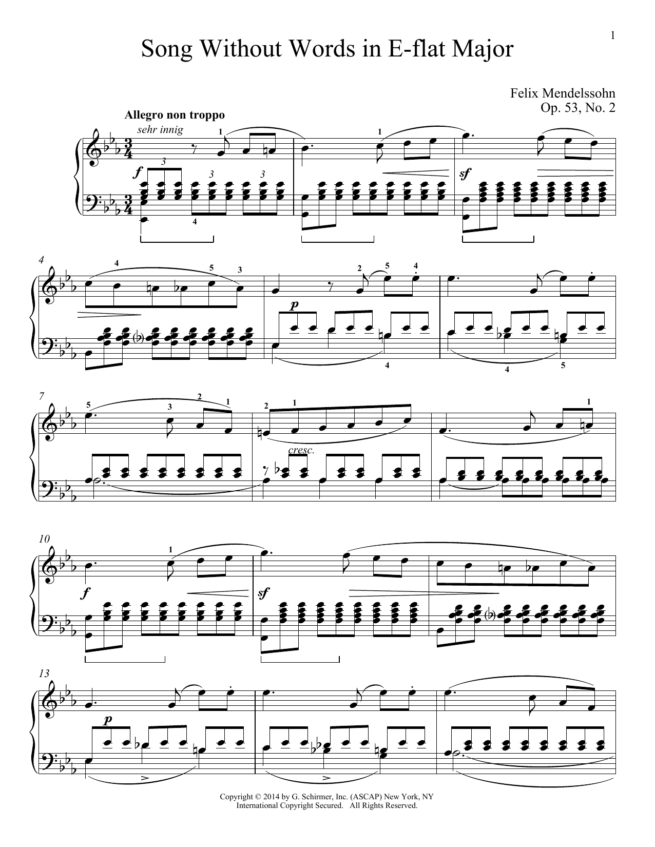 Immanuela Gruenberg Song Without Words In E-Flat Major, Op. 53, No. 2 Sheet Music Notes & Chords for Piano - Download or Print PDF