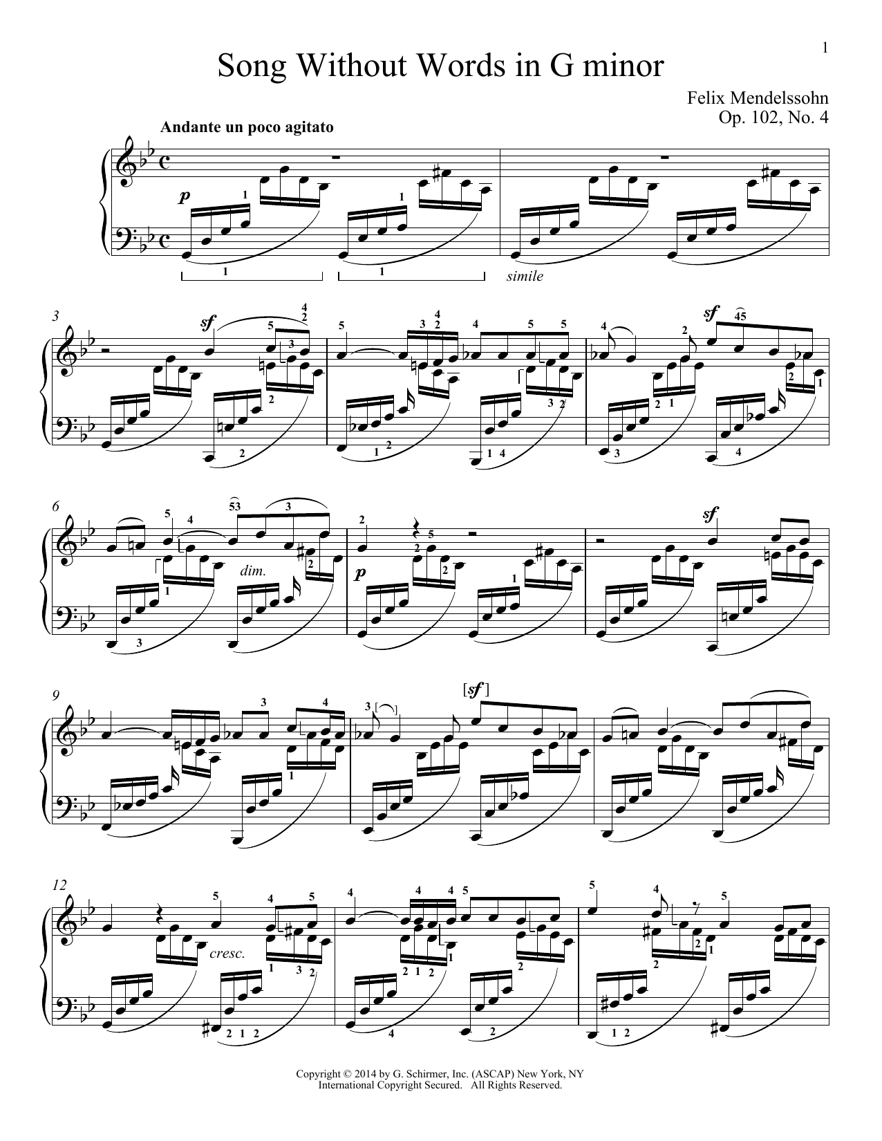 Immanuela Gruenberg Song Without Words In G Minor, Op. 102, No. 4 Sheet Music Notes & Chords for Piano - Download or Print PDF