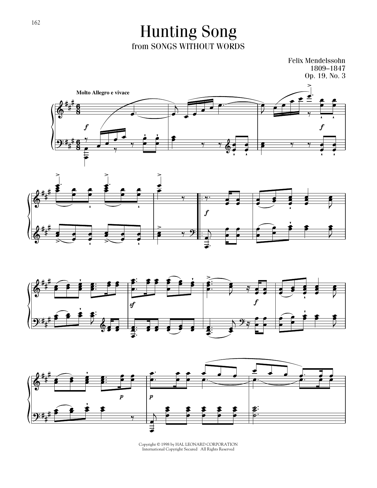 Felix Mendelssohn Song Without Words, Op. 19, No. 3 Sheet Music Notes & Chords for Piano Solo - Download or Print PDF