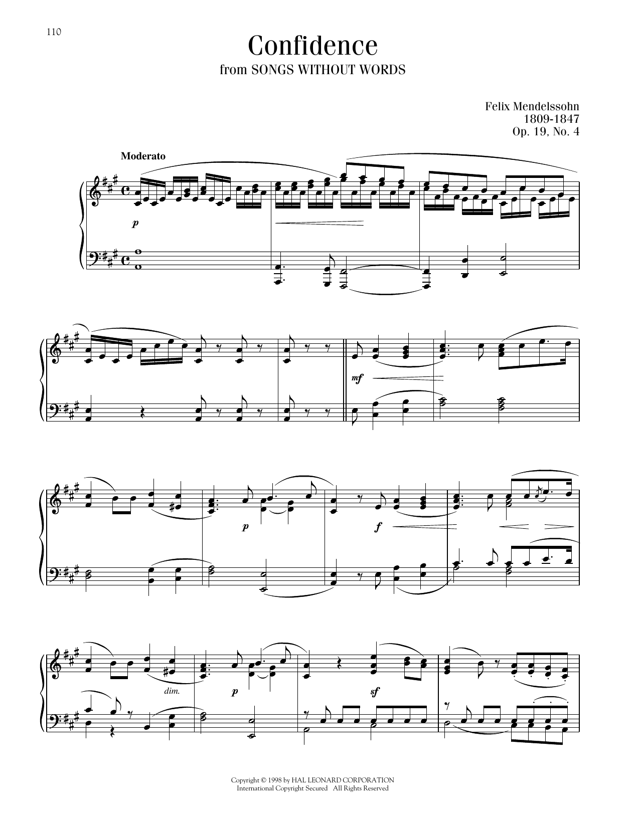 Felix Mendelssohn Song Without Words, Op. 19, No. 4 Sheet Music Notes & Chords for Piano Solo - Download or Print PDF