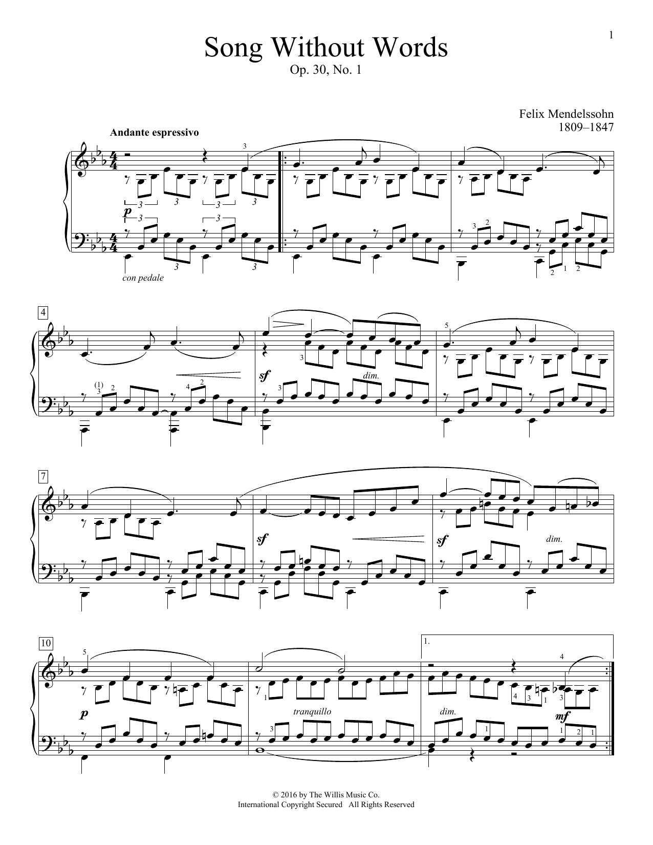 Felix Mendelssohn Song Without Words, Op. 30, No. 1 Sheet Music Notes & Chords for Educational Piano - Download or Print PDF