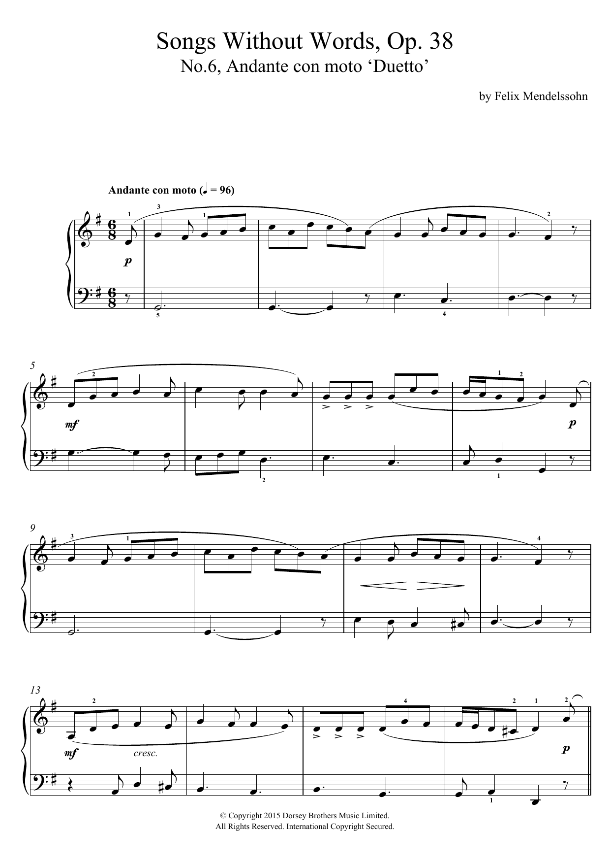 Felix Mendelssohn Song Without Words, Op. 38, No. 6 'Duetto' Sheet Music Notes & Chords for Beginner Piano - Download or Print PDF