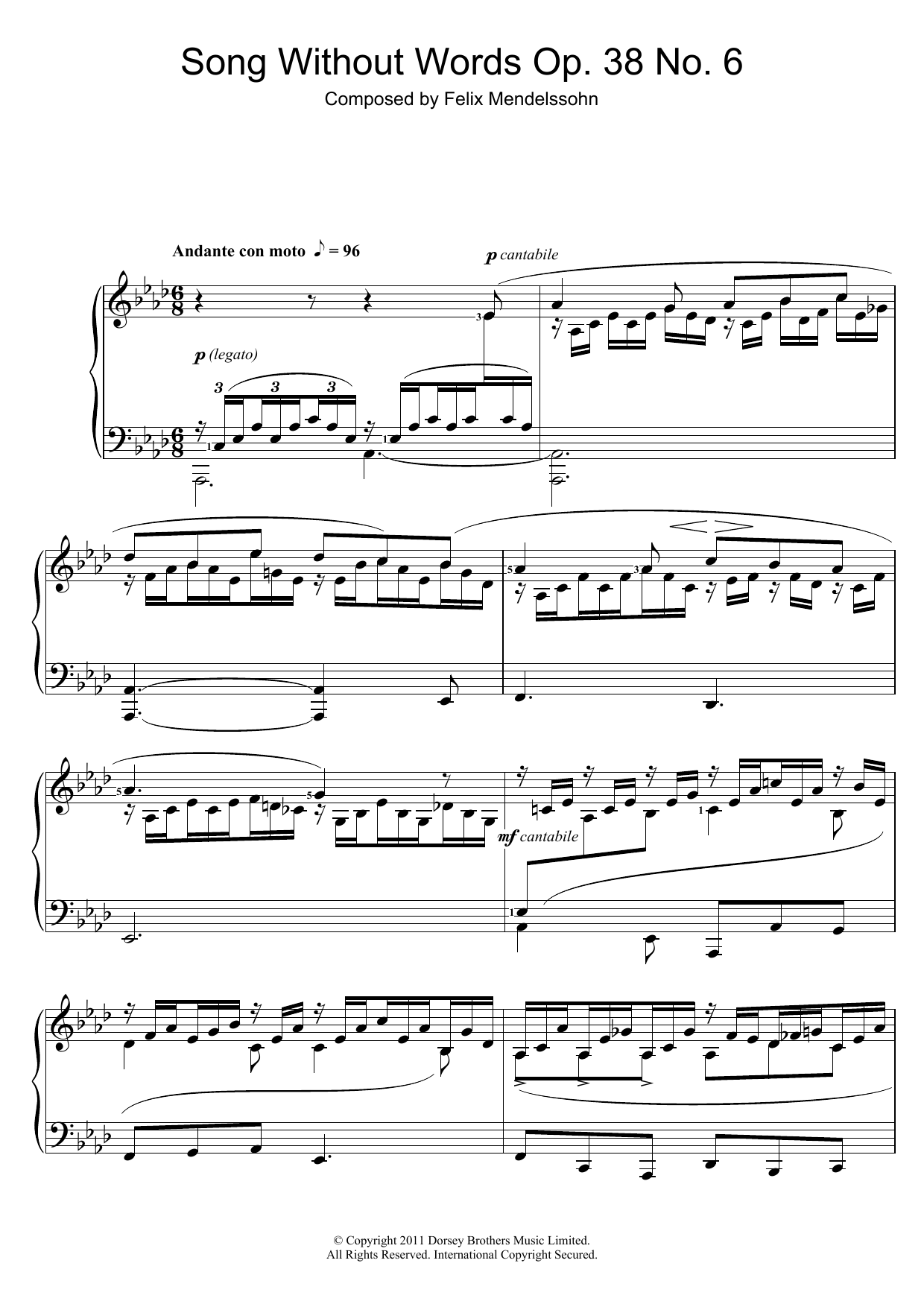 Felix Mendelssohn Song Without Words, Op. 38, No. 6 'Duetto' Sheet Music Notes & Chords for Piano - Download or Print PDF