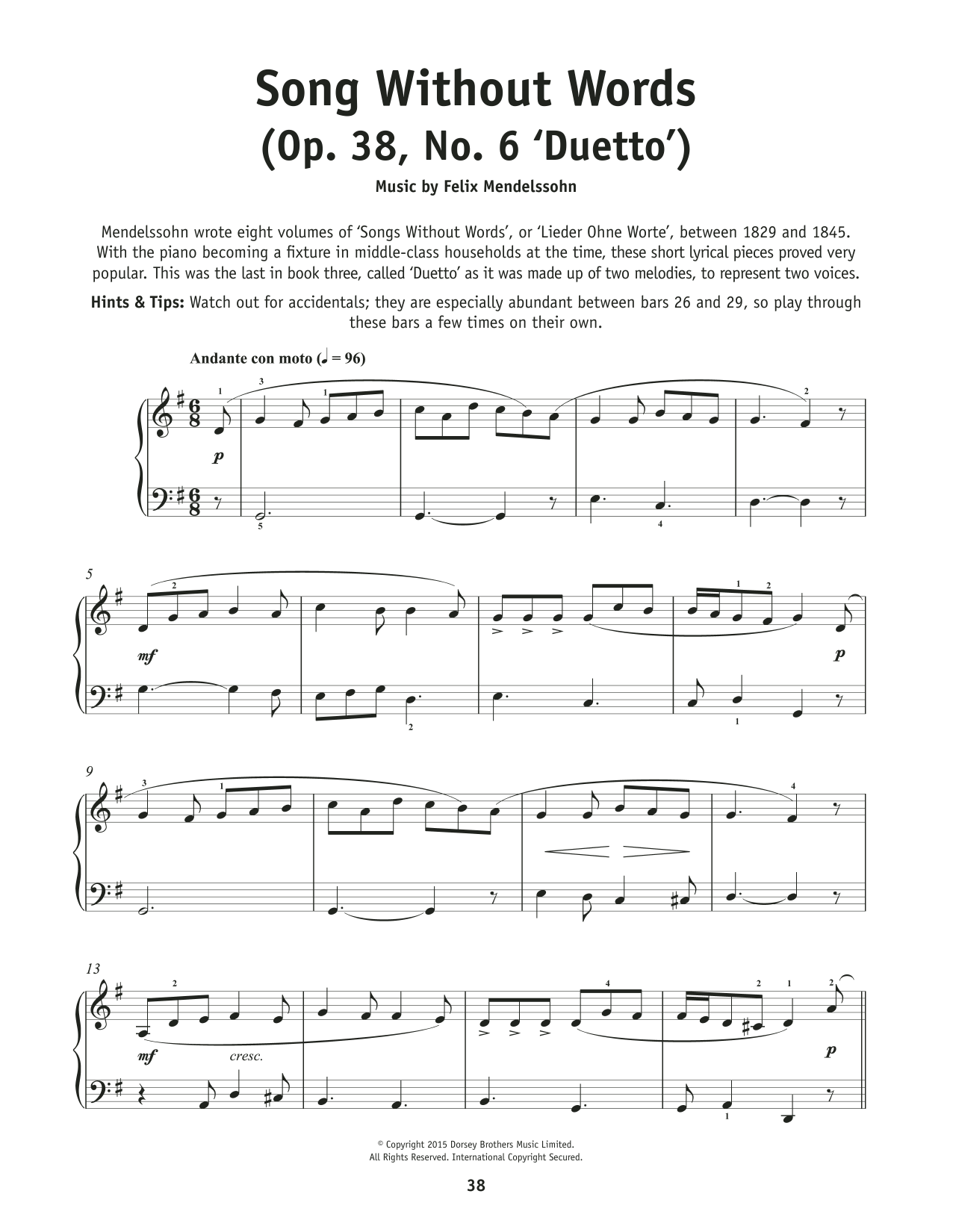 Felix Mendelssohn Song Without Words, Op. 38, No. 6 Sheet Music Notes & Chords for Really Easy Piano - Download or Print PDF