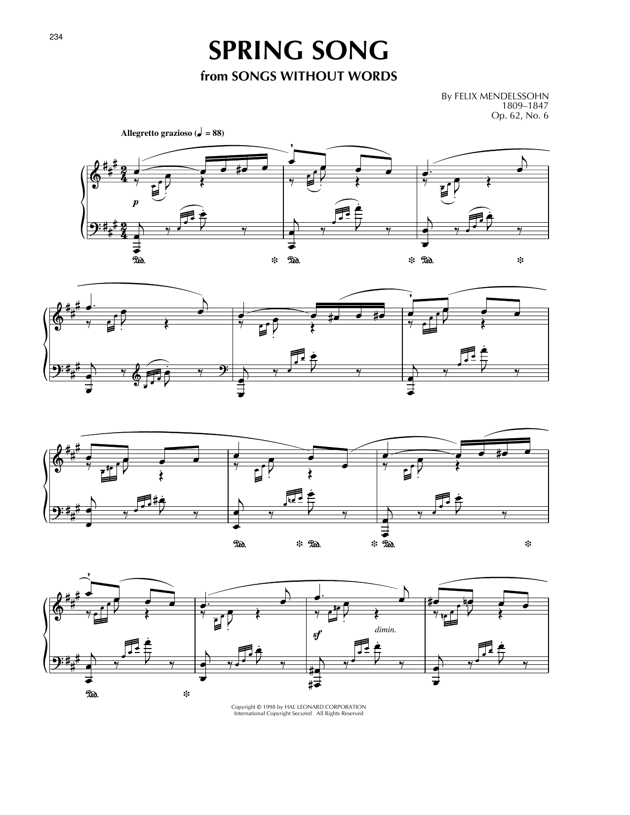 Felix Mendelssohn Song Without Words, Op. 62, No. 6 Sheet Music Notes & Chords for Piano Solo - Download or Print PDF