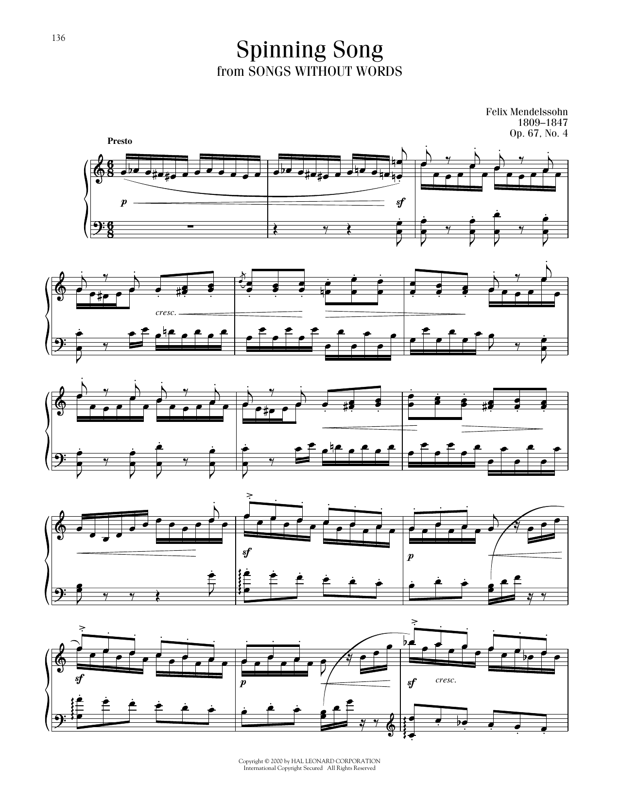 Felix Mendelssohn Spinning Song Sheet Music Notes & Chords for Piano Solo - Download or Print PDF