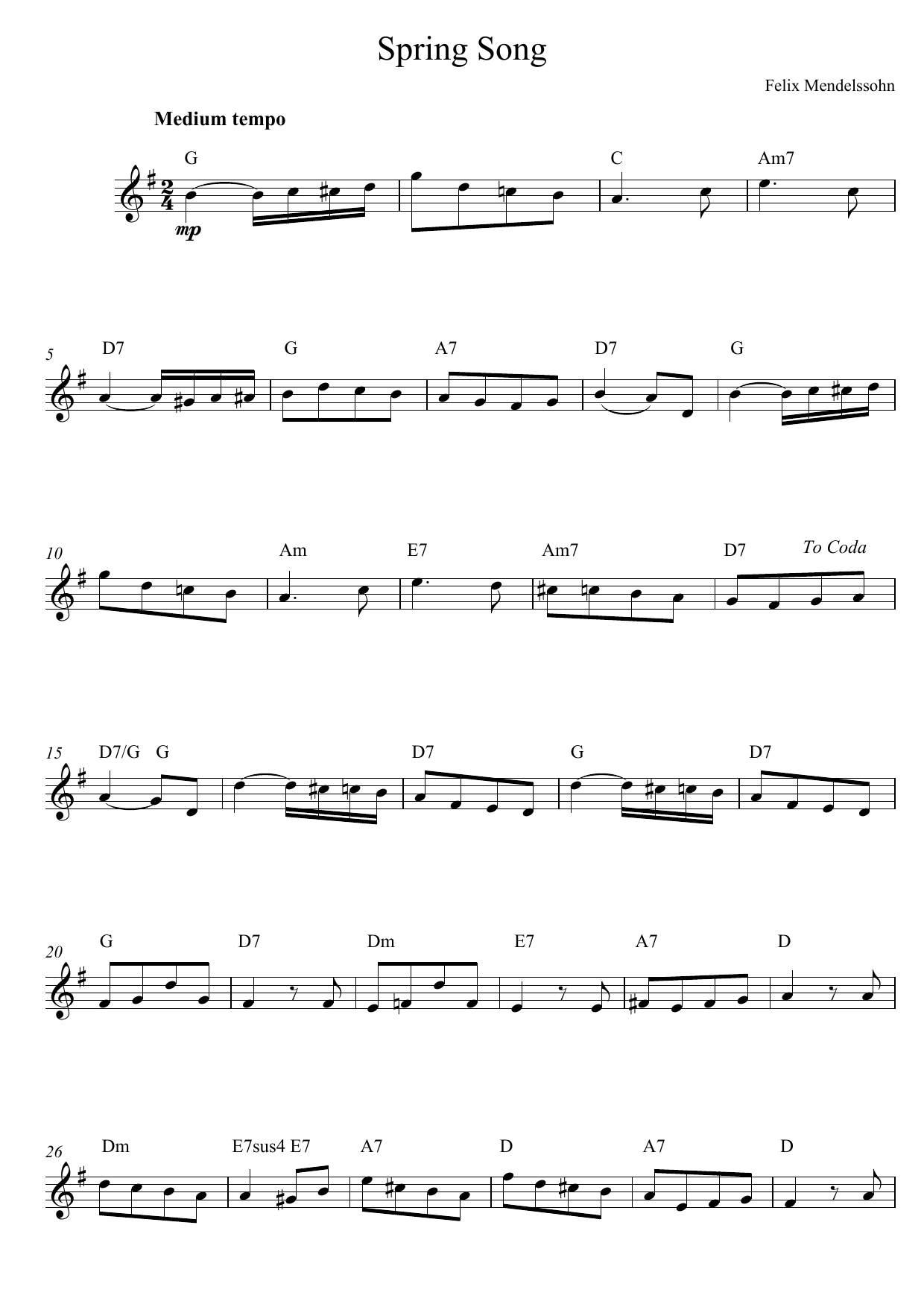 Felix Mendelssohn Spring Song, from Songs Without Words, Op.62 Sheet Music Notes & Chords for Easy Piano - Download or Print PDF