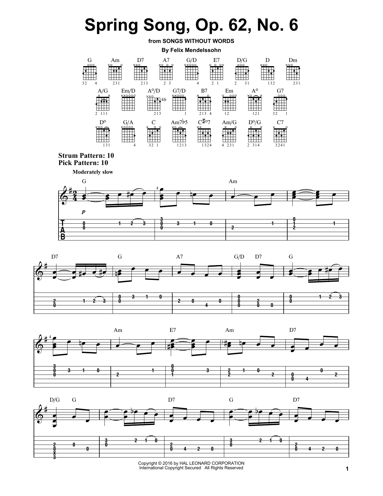 Felix Mendelssohn Spring Song, Op. 62, No. 6 Sheet Music Notes & Chords for Easy Guitar Tab - Download or Print PDF