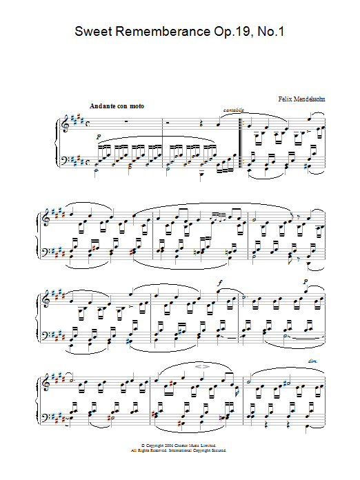 Felix Mendelssohn Sweet Rememberance Op.19, No.1 Sheet Music Notes & Chords for Piano - Download or Print PDF