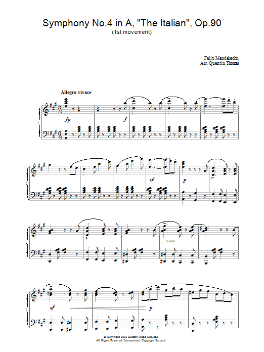 Felix Mendelssohn Symphony No.4 in A, 'The Italian', Op.90 (1st Movement) Sheet Music Notes & Chords for Piano - Download or Print PDF