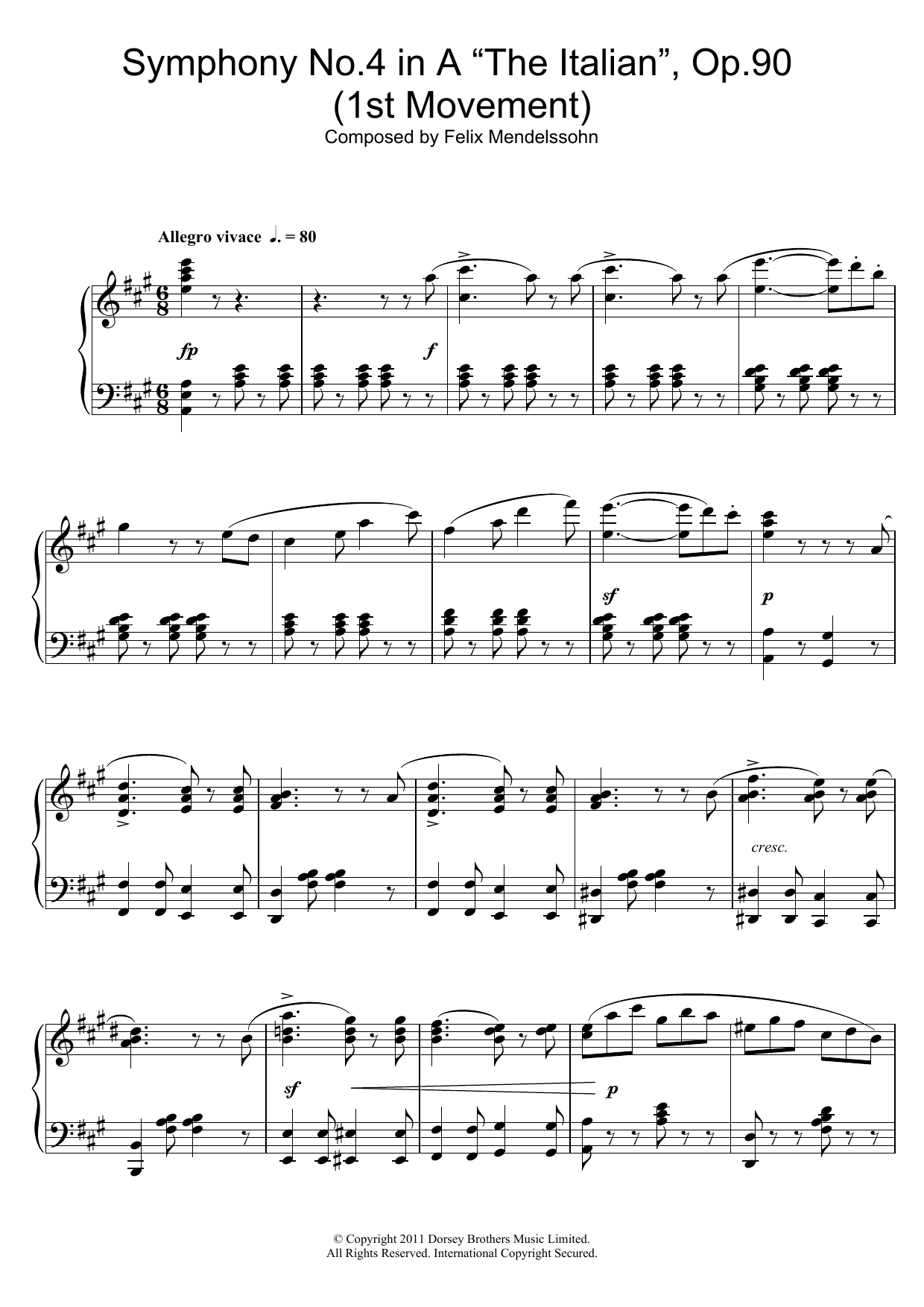 Felix Mendelssohn Symphony No.4 'The Italian' (1st Movement: Allegro Vivace) Sheet Music Notes & Chords for Piano - Download or Print PDF