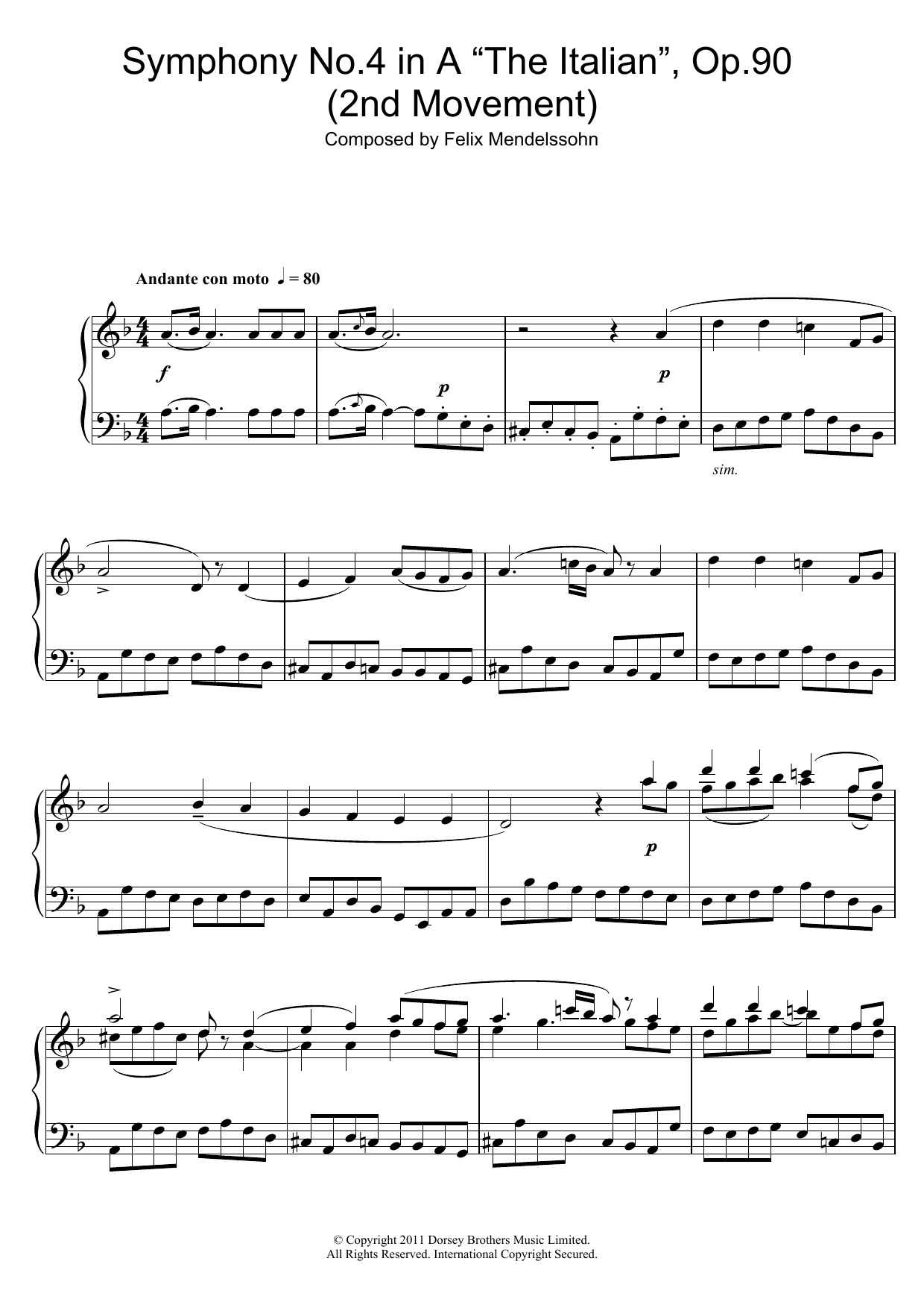 Felix Mendelssohn Symphony No.4 'The Italian' (2nd Movement: Andante Con Moto) Sheet Music Notes & Chords for Piano - Download or Print PDF