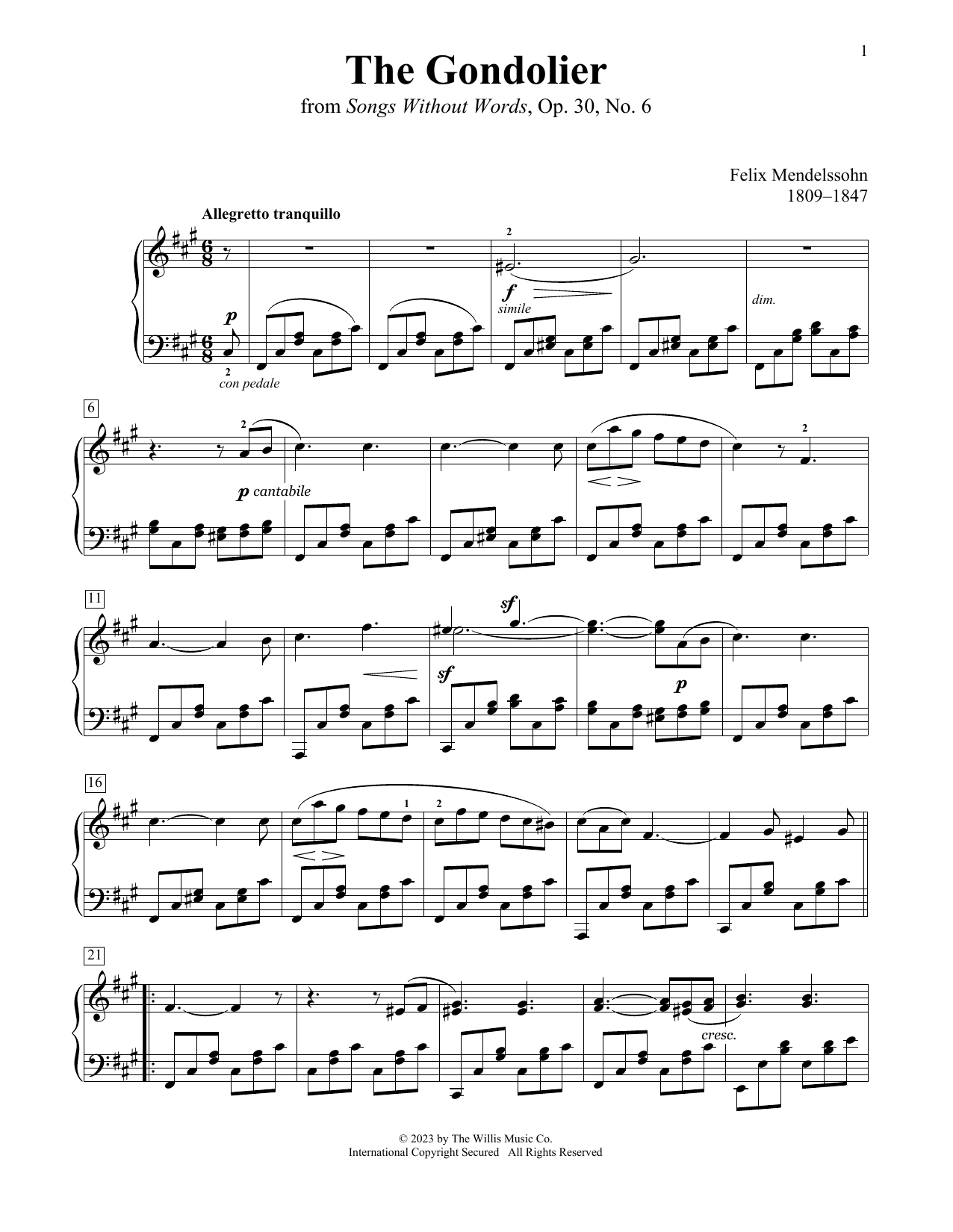 Felix Mendelssohn The Gondolier Sheet Music Notes & Chords for Educational Piano - Download or Print PDF