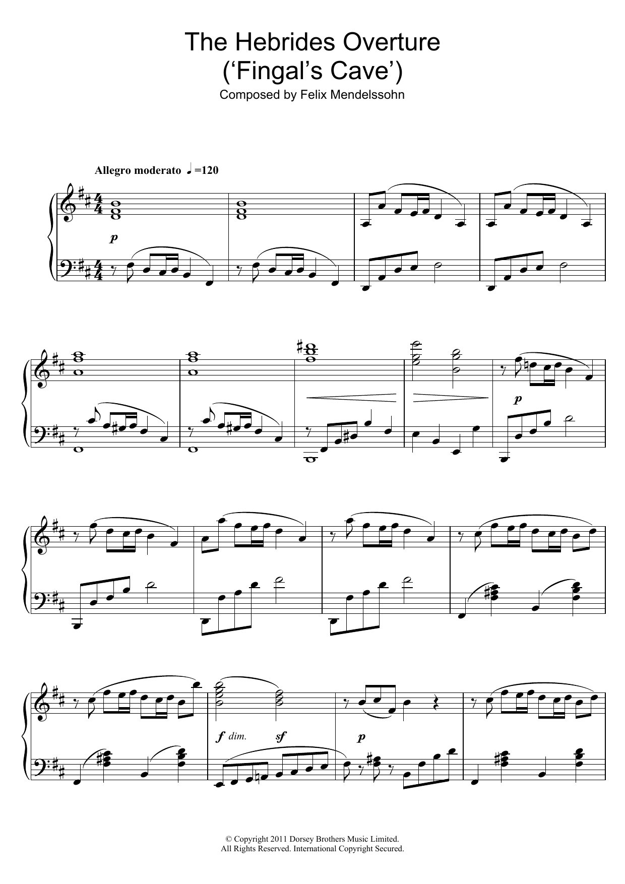 Felix Mendelssohn The Hebrides Overture (Fingal's Cave) Sheet Music Notes & Chords for Beginner Piano - Download or Print PDF
