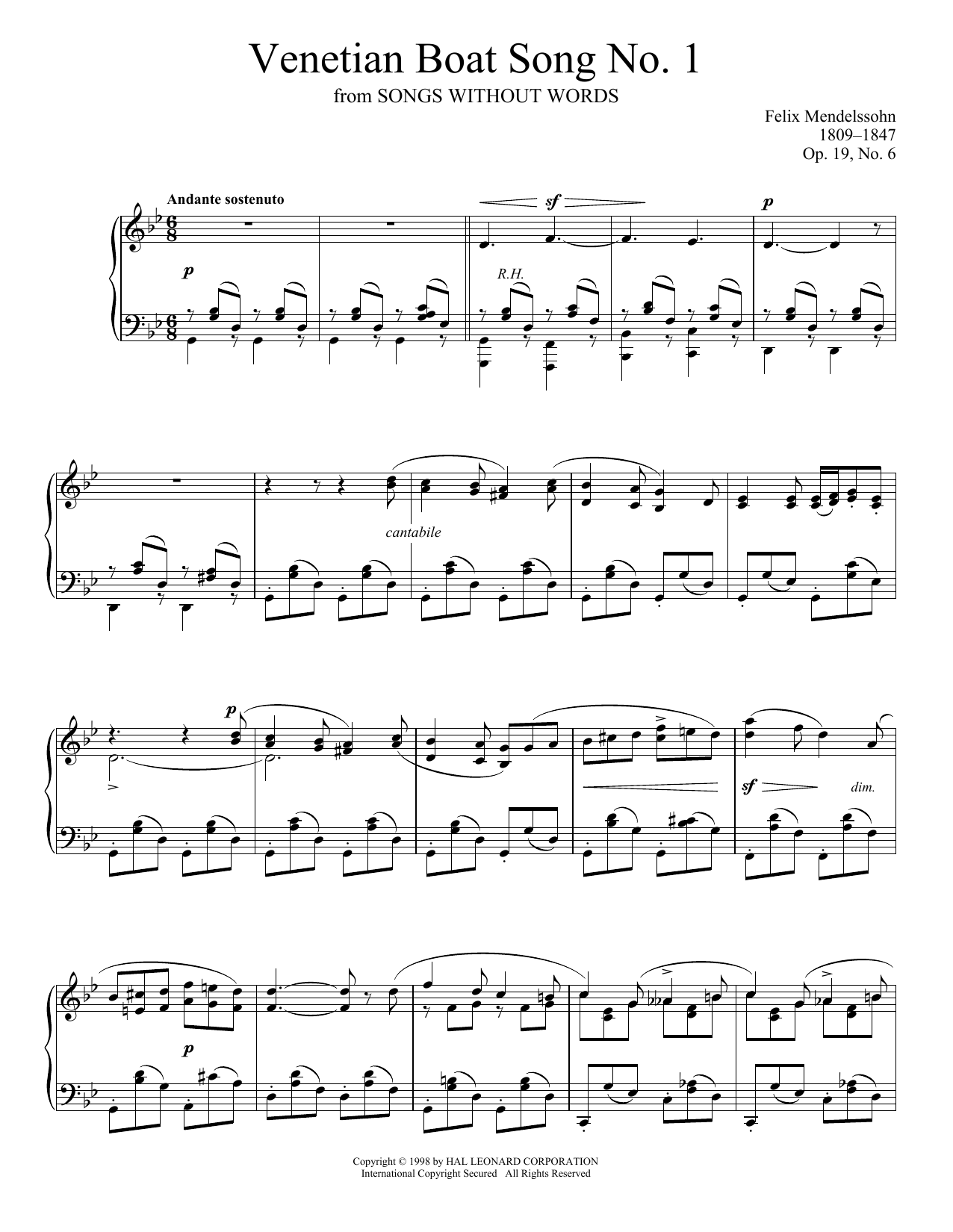 Felix Mendelssohn Venetian Boat Song No. 1, Op. 19, No. 6 Sheet Music Notes & Chords for Piano - Download or Print PDF