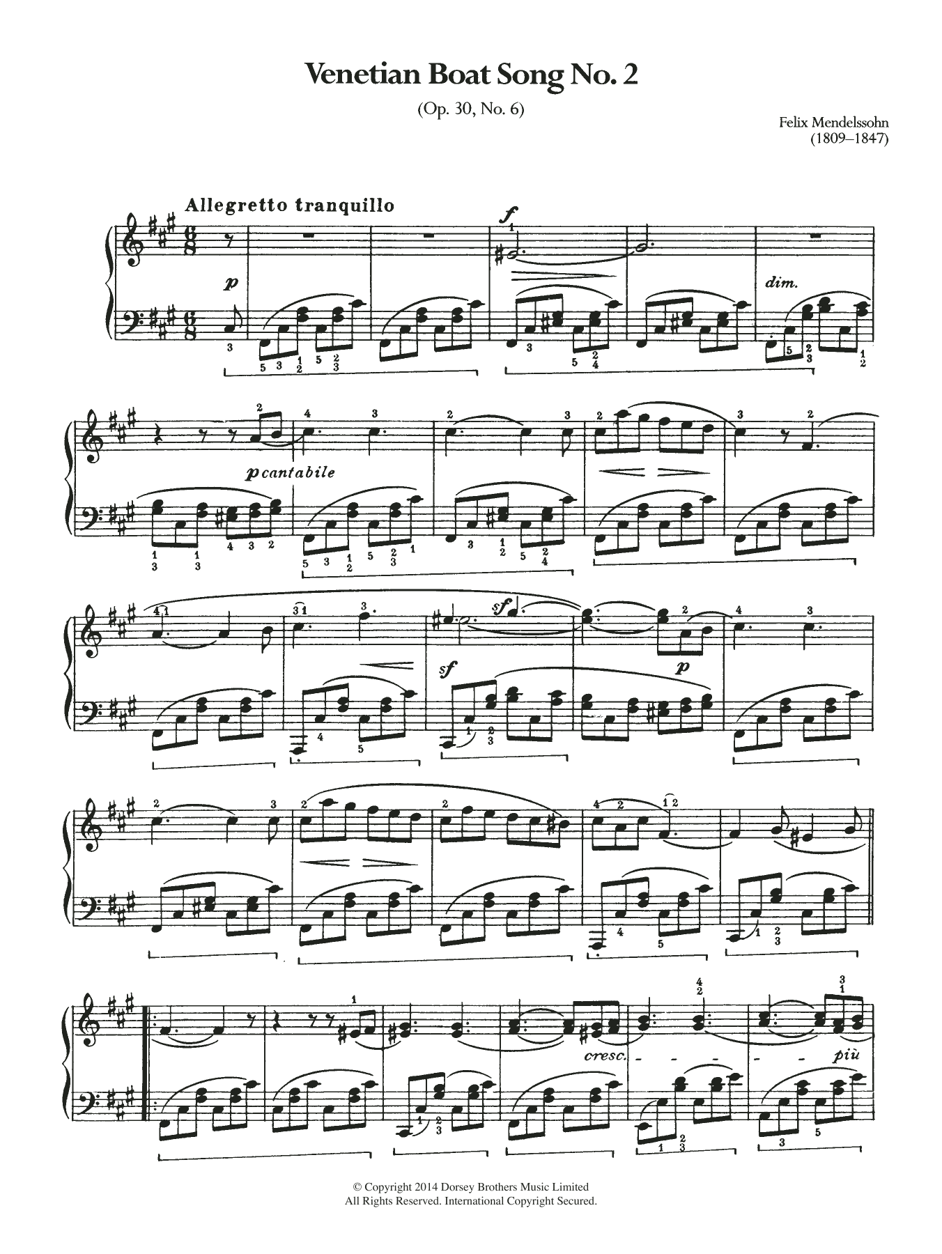 Felix Mendelssohn Venetian Boat Song No.2 Sheet Music Notes & Chords for Piano - Download or Print PDF
