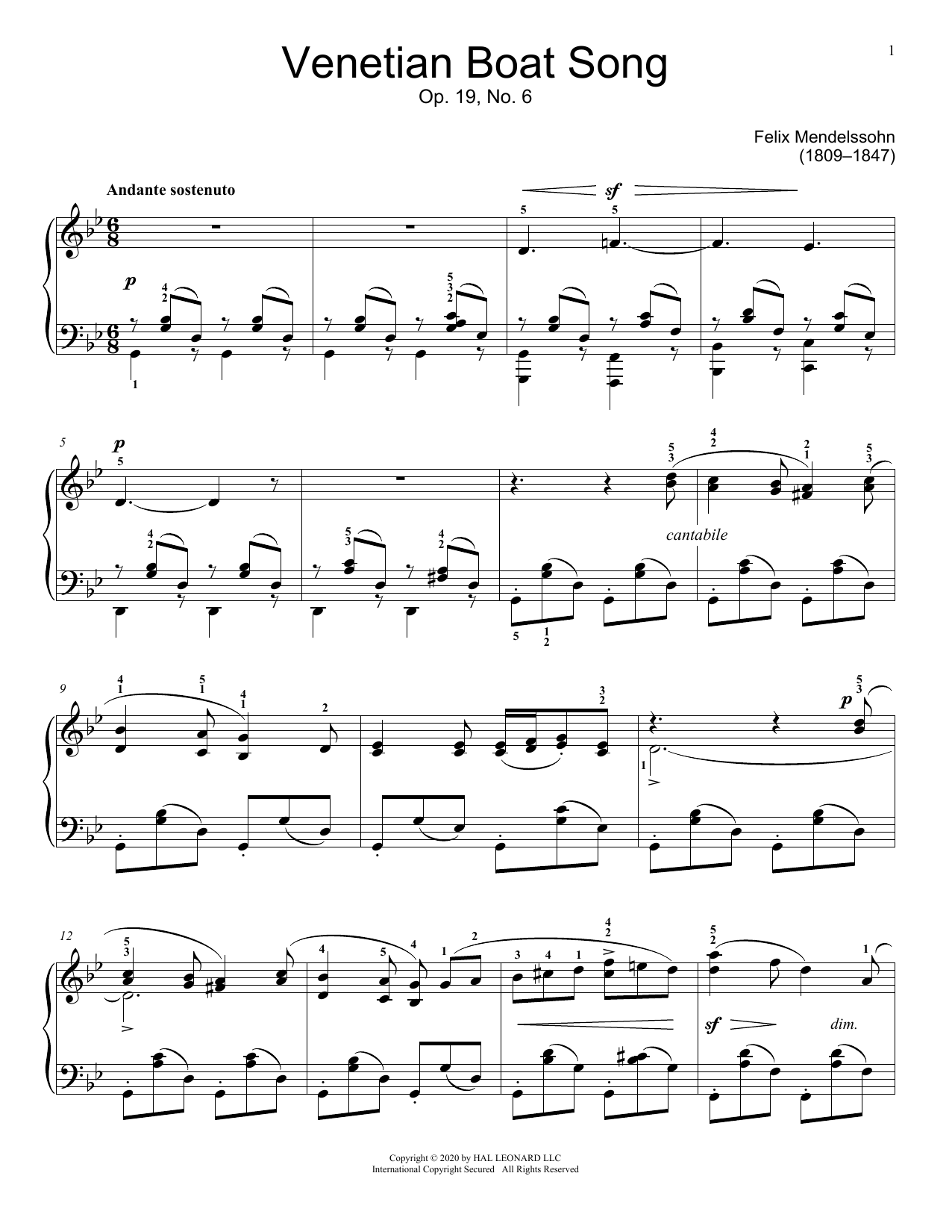 Felix Mendelssohn Venetian Boat Song, Op. 19, No. 6 Sheet Music Notes & Chords for Educational Piano - Download or Print PDF
