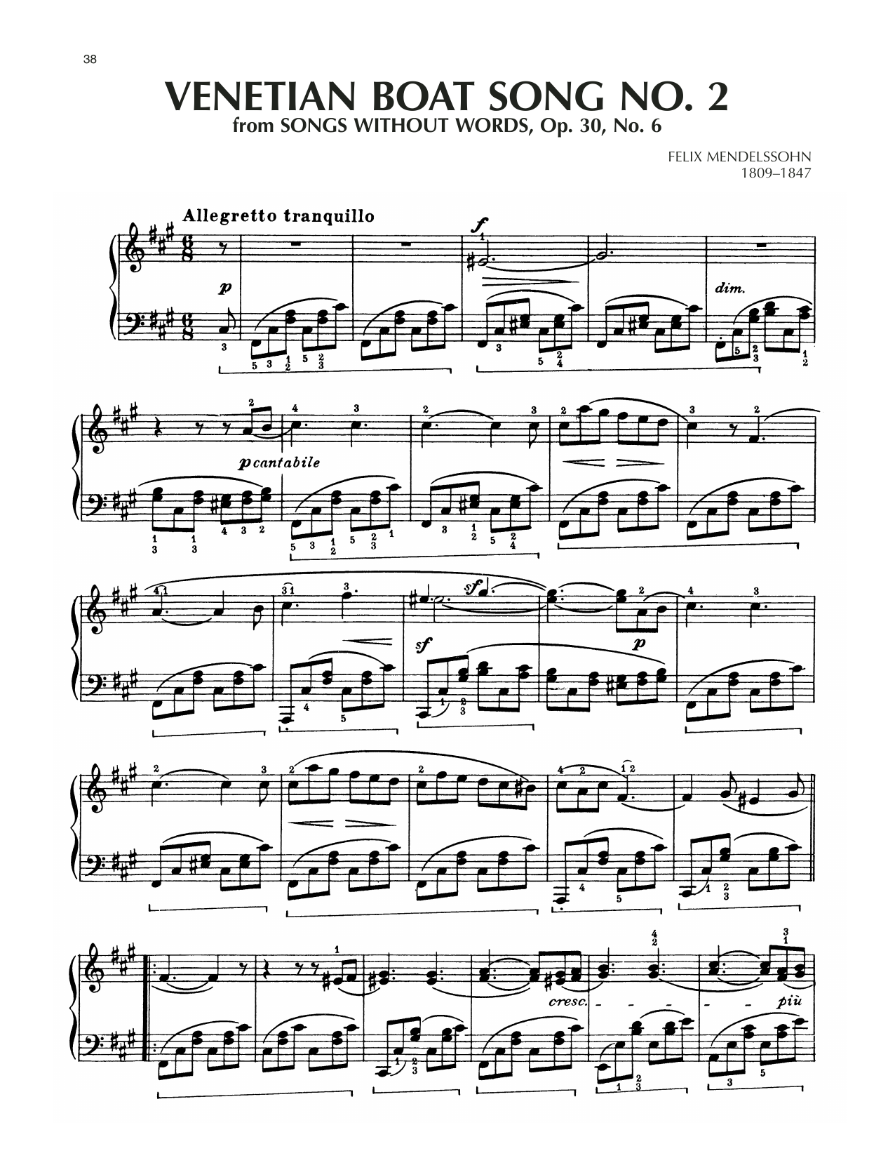 Felix Mendelssohn Venetian Boat Song, Op. 30, No. 6 Sheet Music Notes & Chords for Piano Solo - Download or Print PDF