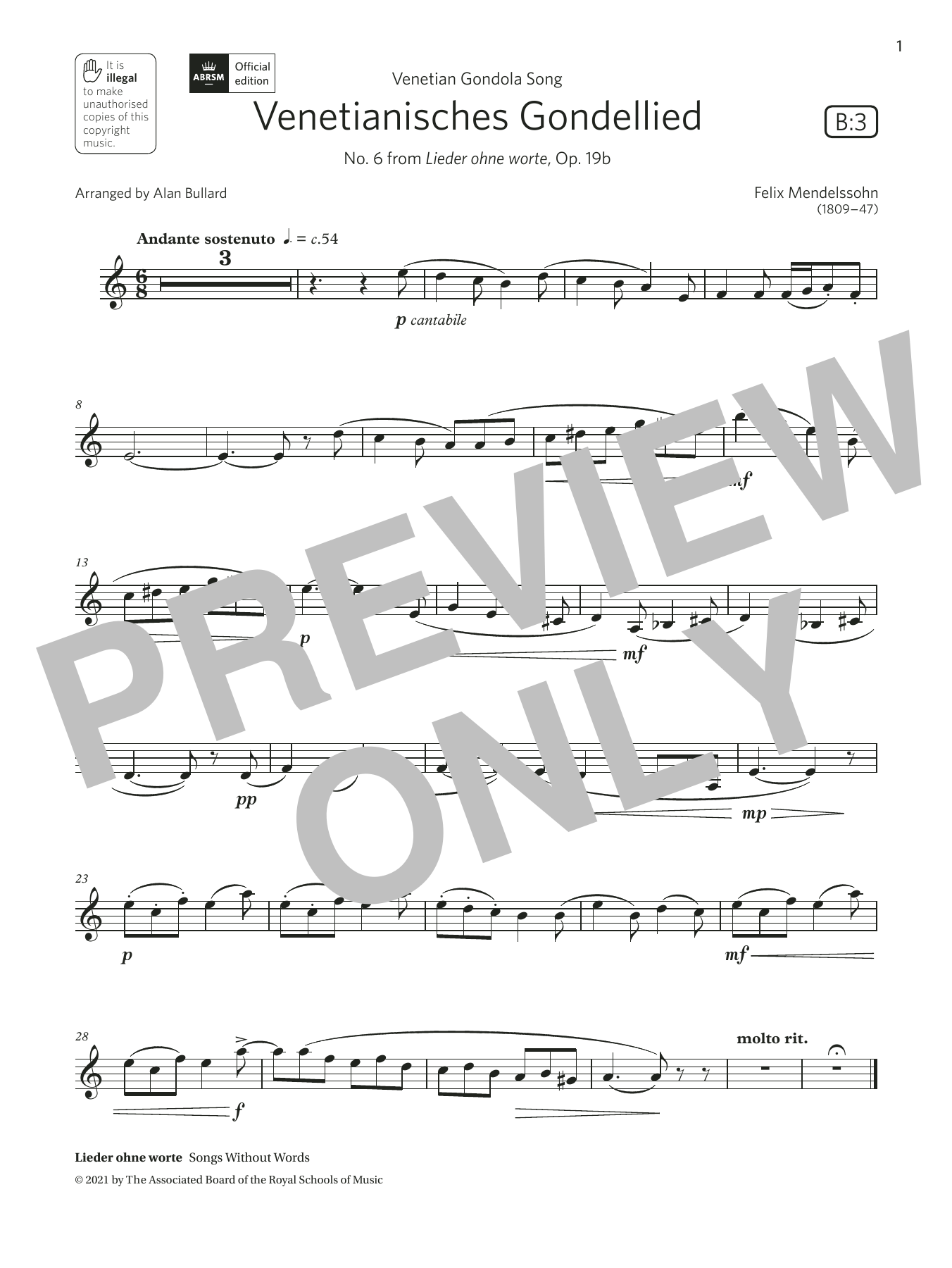 Felix Mendelssohn Venetianisches Gondellied (Grade 3 List B3 from the ABRSM Clarinet syllabus from 2022) Sheet Music Notes & Chords for Clarinet Solo - Download or Print PDF