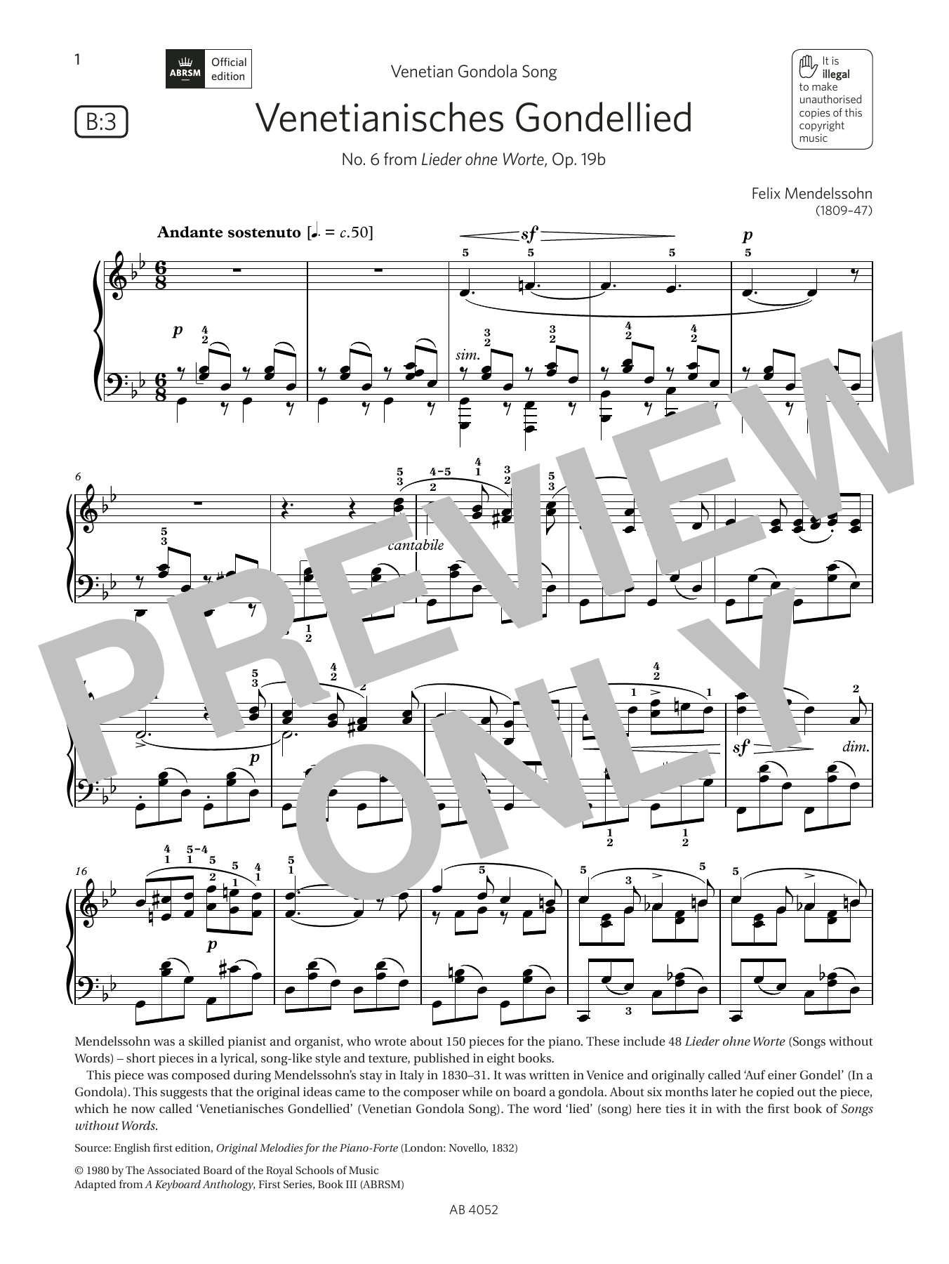Felix Mendelssohn Venetianisches Gondellied (Grade 6, list B3, from the ABRSM Piano Syllabus 2023 & 2024) Sheet Music Notes & Chords for Piano Solo - Download or Print PDF