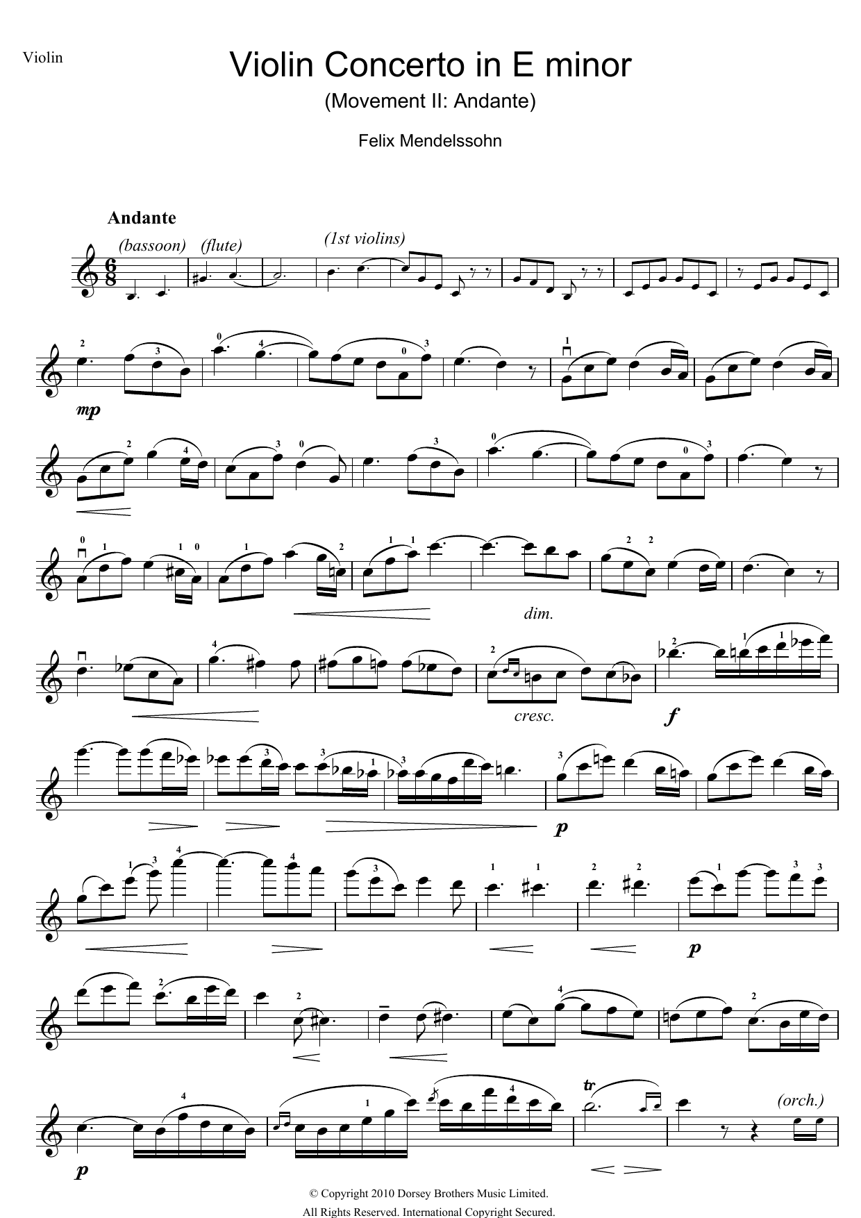 Felix Mendelssohn Violin Concerto In E Minor, 2nd Movement: Andante Sheet Music Notes & Chords for Violin - Download or Print PDF