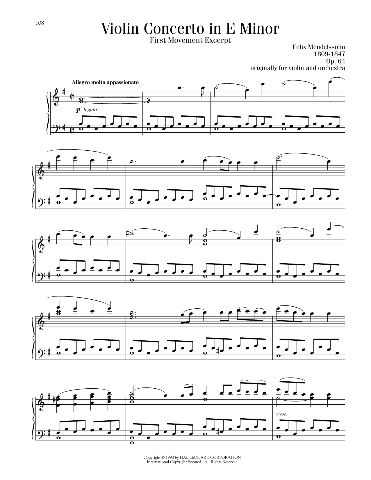 Felix Mendelssohn Violin Concerto in E Minor, First Movement Excerpt Sheet Music Notes & Chords for Piano Solo - Download or Print PDF