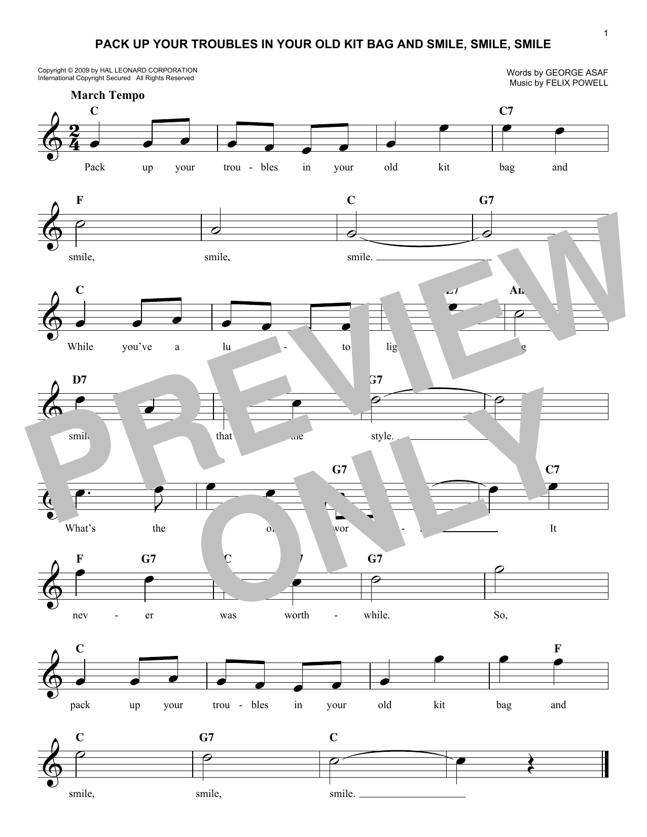 Felix Powell Pack Up Your Troubles In Your Old Kit Bag And Smile, Smile, Smile Sheet Music Notes & Chords for Piano, Vocal & Guitar Chords (Right-Hand Melody) - Download or Print PDF