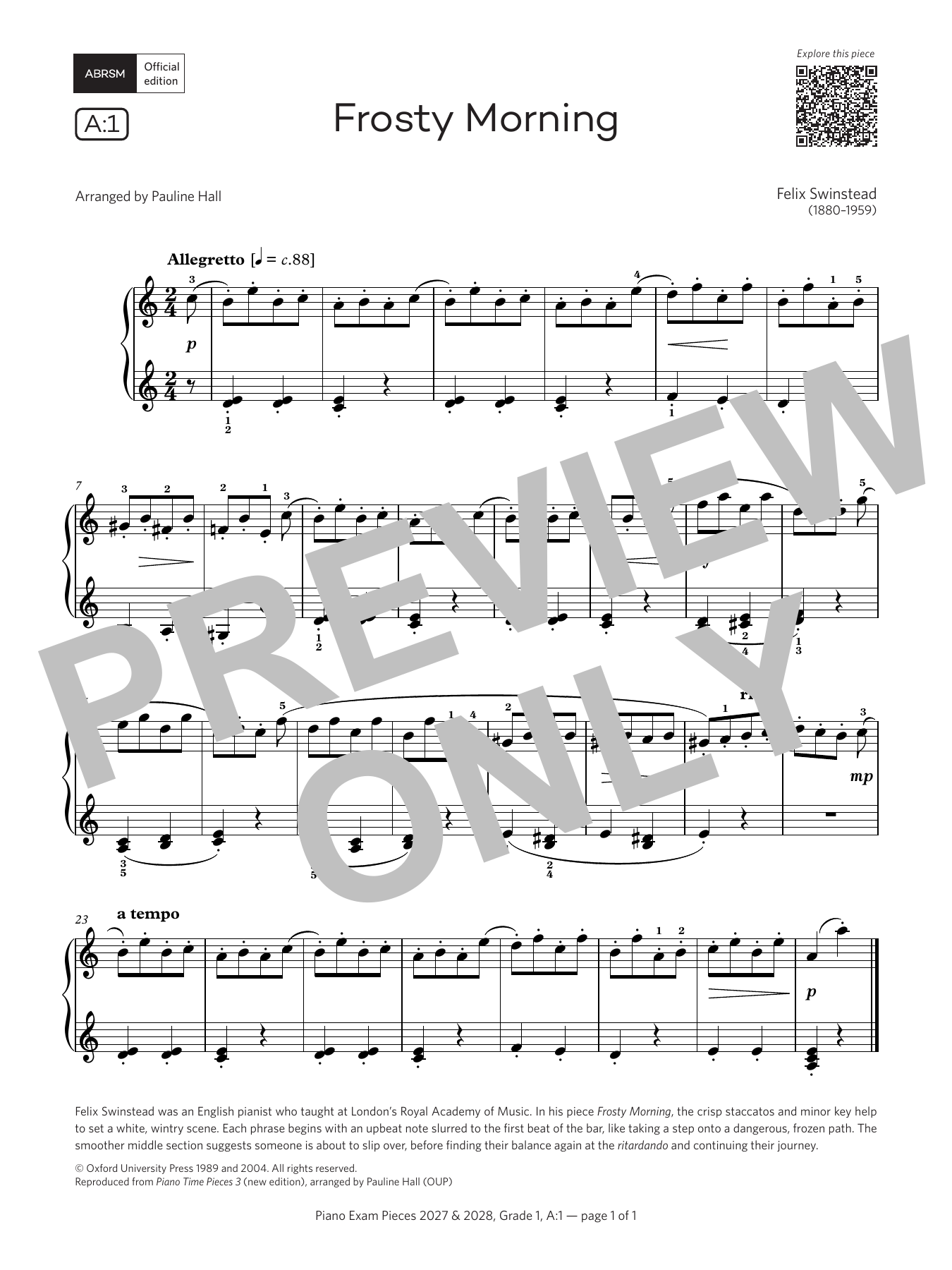 Felix Swinstead Frosty Morning (Grade 1, list A1, from the ABRSM Piano Syllabus 2027 & 2028) Sheet Music Notes & Chords for Piano Solo - Download or Print PDF