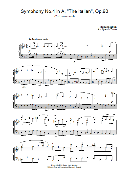 Preview Felix Mendelssohn Symphony No.4 in A, 'The Italian', Op.90 (2nd Movement) Classical sheet music, notes and chords for Piano, SKU: 28186 Symphony No.4 in A, 'The Italian', Op.90 (2nd Movement) sheet music