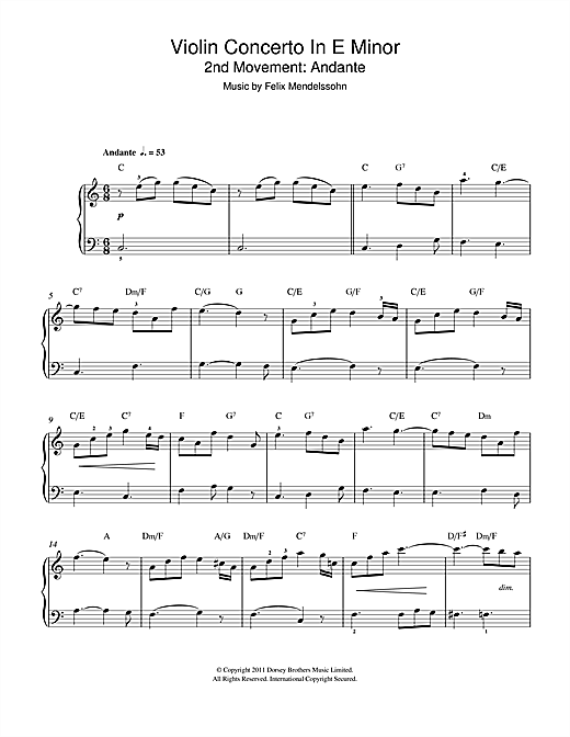 Felix Mendelssohn Violin Concerto In E Minor 2nd Movement Andante Sheet Music Download Pdf Score 108801