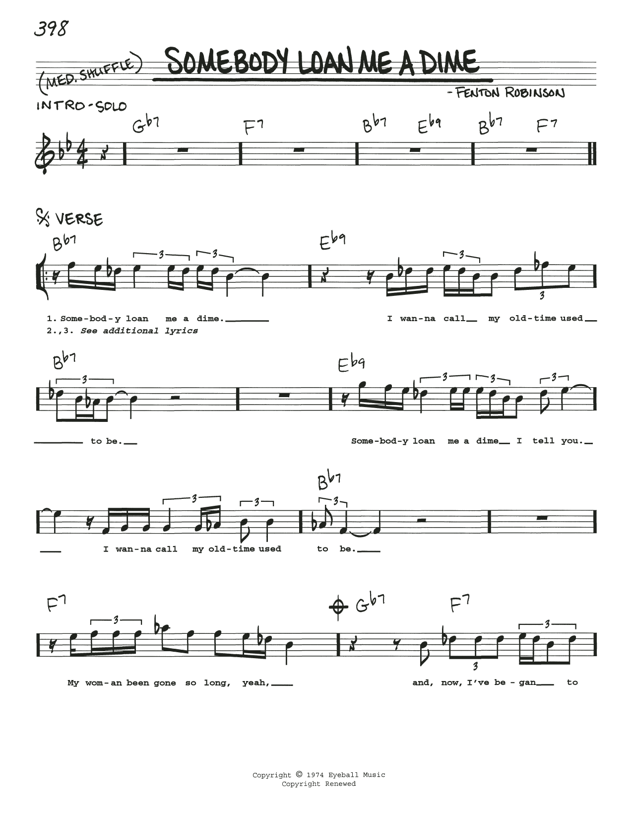 Fenton Robinson Somebody Loan Me A Dime Sheet Music Notes & Chords for Real Book – Melody, Lyrics & Chords - Download or Print PDF
