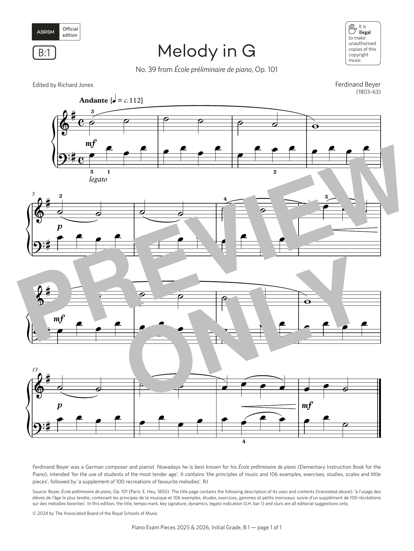 Ferdinand Beyer Melody in G (Grade Initial, list B1, from the ABRSM Piano Syllabus 2025 & 2026) Sheet Music Notes & Chords for Piano Solo - Download or Print PDF