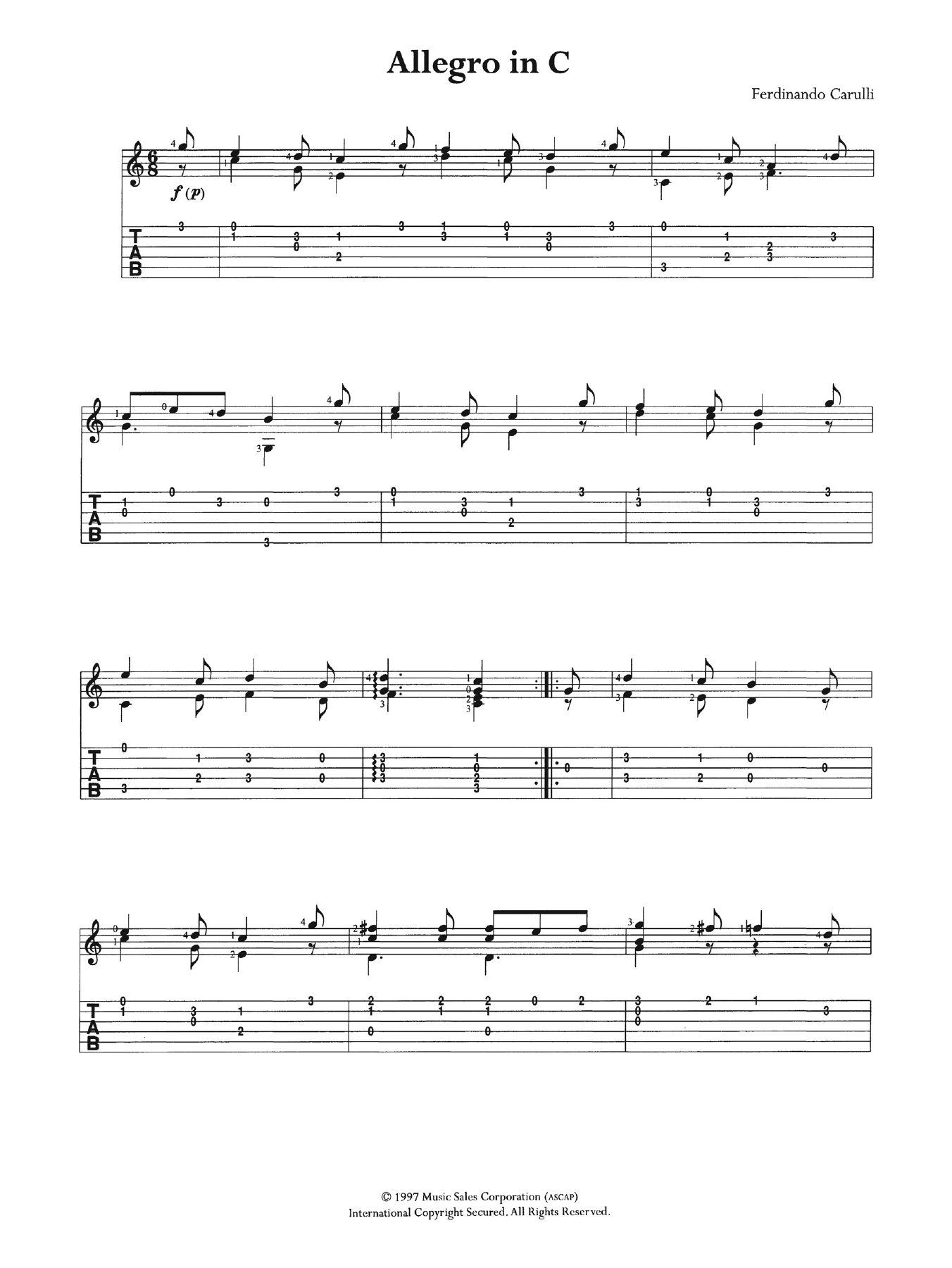 Ferdinando Carulli Allegro In C Sheet Music Notes & Chords for Guitar Tab - Download or Print PDF